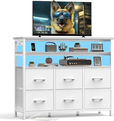 Miniatura 10 de DUMOS Soporte de TV para TV de hasta 45 pulgadas, mesa consola multimedia de TV con parte superior de madera con 6 cajones de tela, 2 estantes,