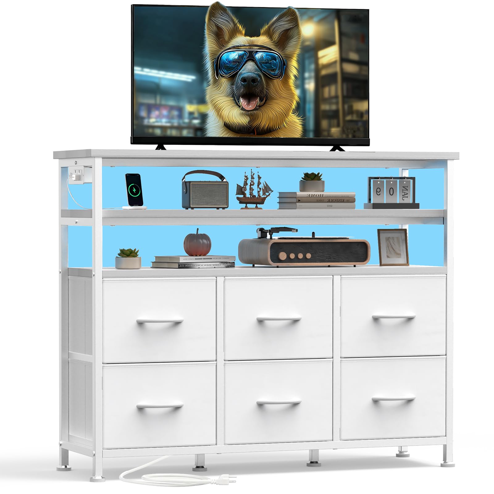 DUMOS TV Stand for Up to 45 inch TV, Wood Top TV Media Console Table with 6 Fabric Drawers, 2 Shelves, Entertainment Center with LED Lights & Charging