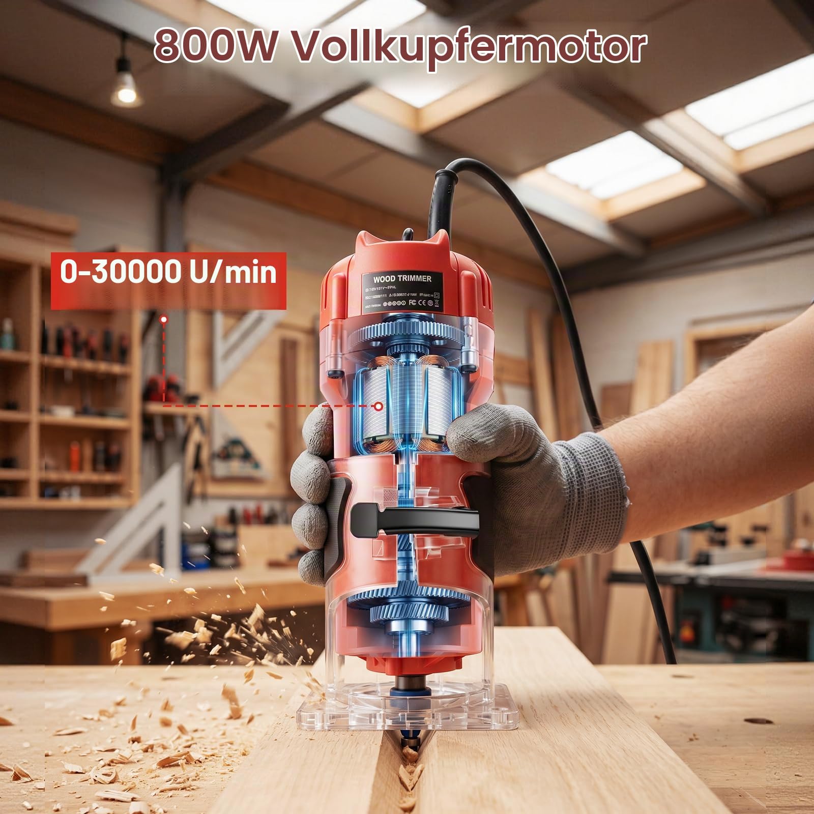 Oberfräse Trimmer 800W, 30000 U/min Einhandfräse Kantenfräse Holz Multifunktionsfräse, Handfräsmaschine mit 15-tlg. Hartmetall Fräser Set (6,35mm) für Holzbearbeitung & DIY