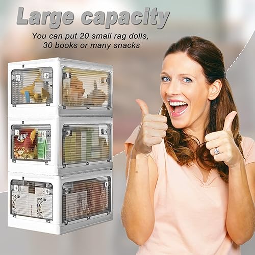 Miniatura 5 de Contenedores de almacenamiento con tapa, organizador apilable plegable de 49 litros con ruedas y 5 puertas (blanco)
