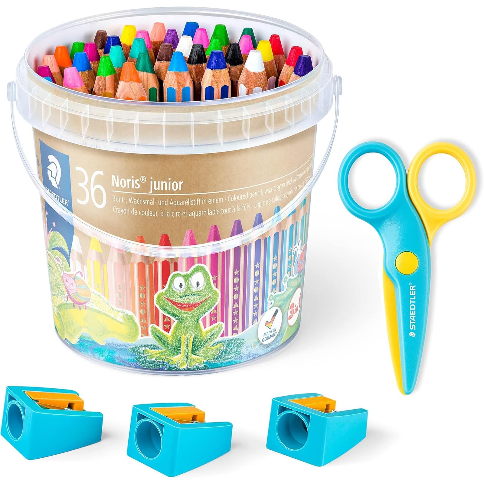 STAEDTLER Noris Junior kredki i nożyczki zabezpieczające 3 w 1, kredki świecowe i akwarelowe, idealne dla małych dzieci, tnie tylko papier, 36 długopisów, 3 temperówki i nożyczki ochronne, 140 C36P2X