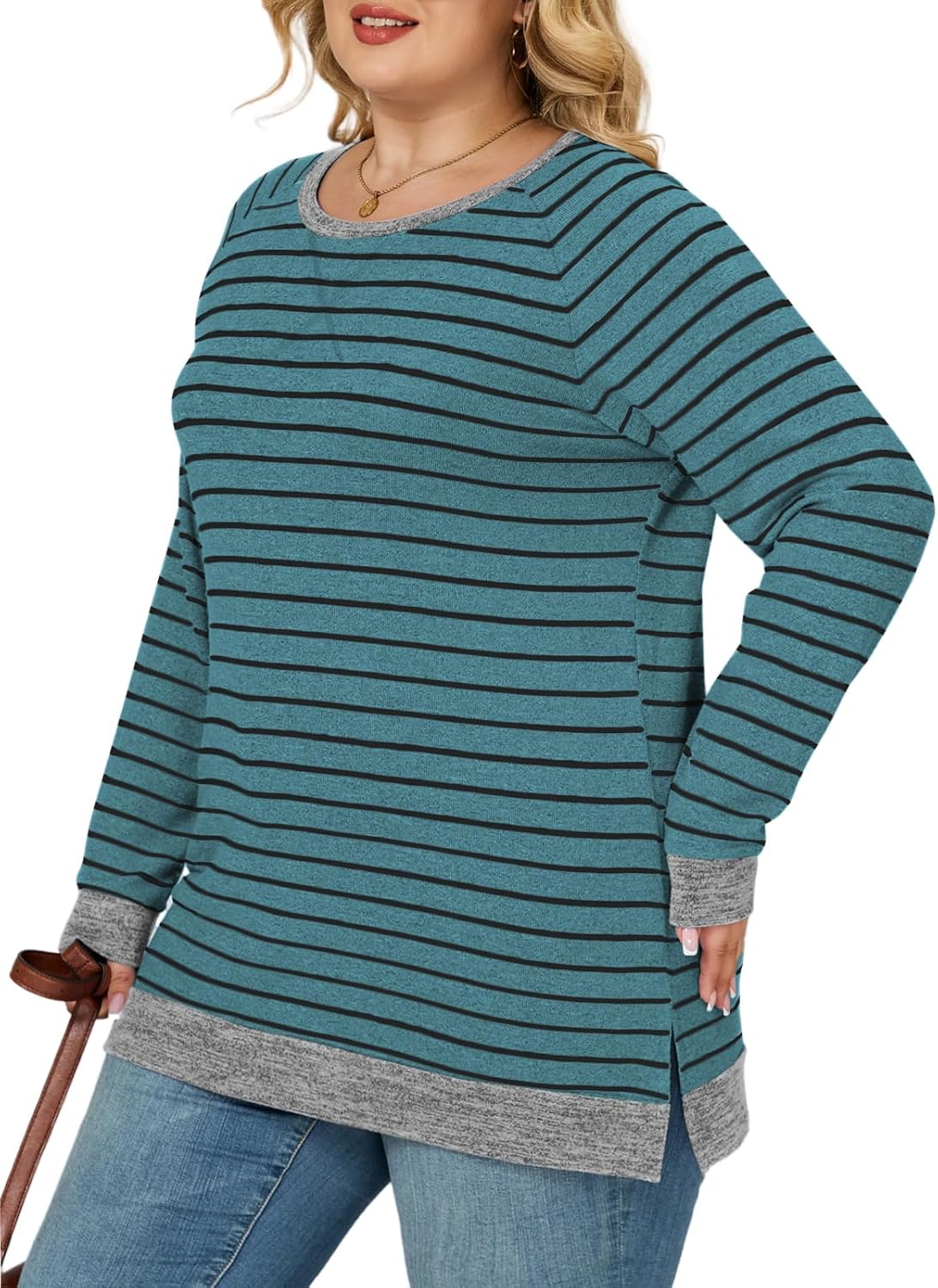 VISLILY Womens-Plus-Size-Sweatshirts Trendy Striped Color Block Tops Casual Raglan Long Sleeve Shirts Side Split Hem Tunics - Image 3