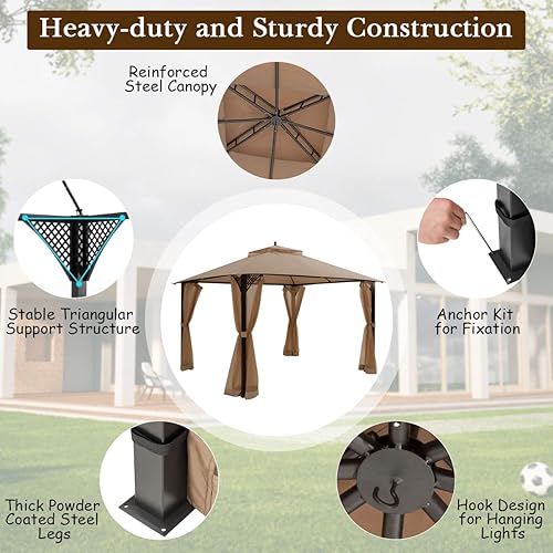 Miniatura 6 de Tangkula Gazebo de patio de 10 x 12 pies con red, cenador para exteriores con techo doble ventilado, paredes laterales de malla, gancho superior,