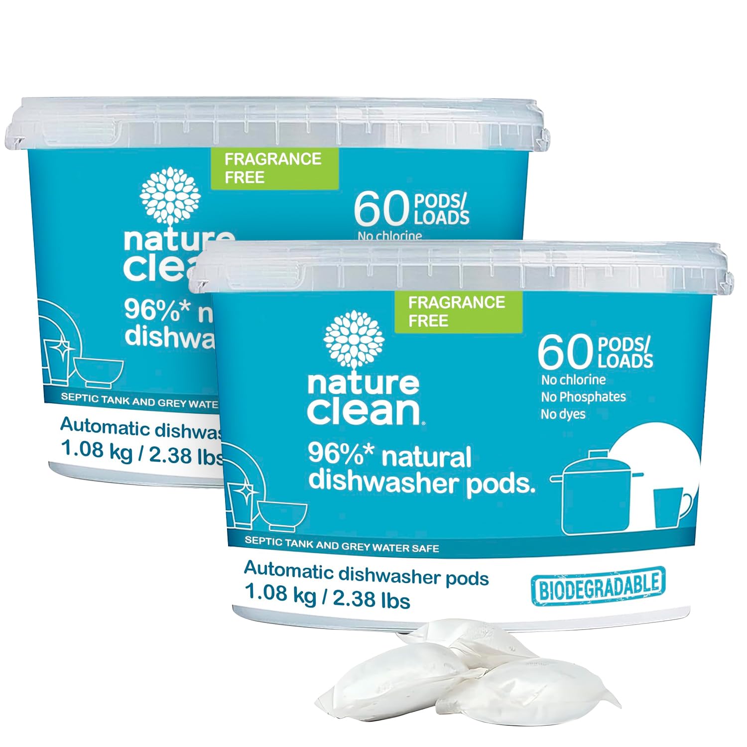 Non Toxic Dishwasher Detergent Pods, Plant-Based Dishwashing Pods, Non-Toxic & Unscented Dish Pods, Tough on Grease, Eco-Friendly Cleaning Power, 60 Count, Pack of 2