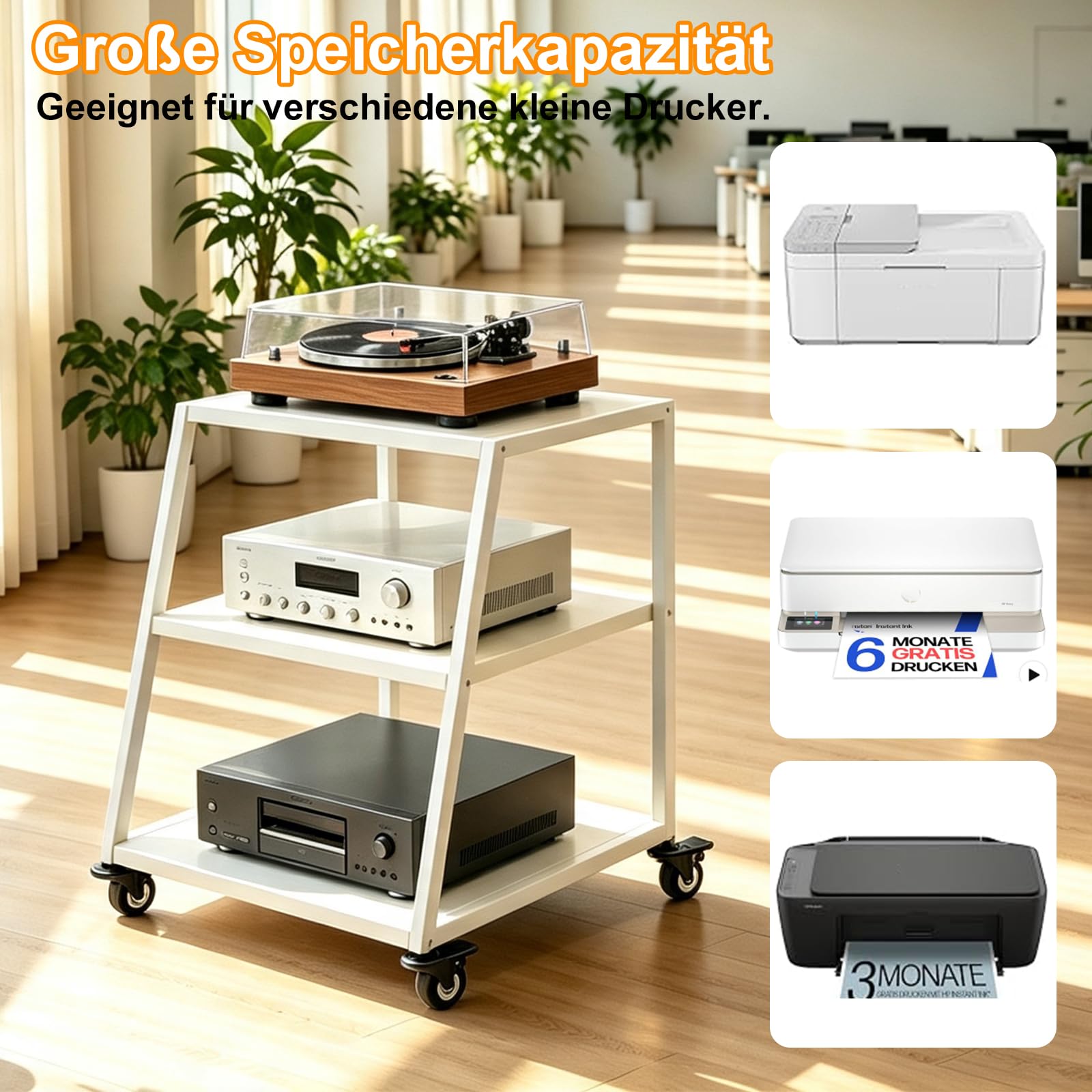HiFi Rack aus Holz & Stahl,Plattenspieler Tisch mit verstellbaren Ablage,HiFi Regal für Plattenspieler & Stereoanlagen & Kompaktanlage,52cm（L x 50cm(W) x 65cm(H)