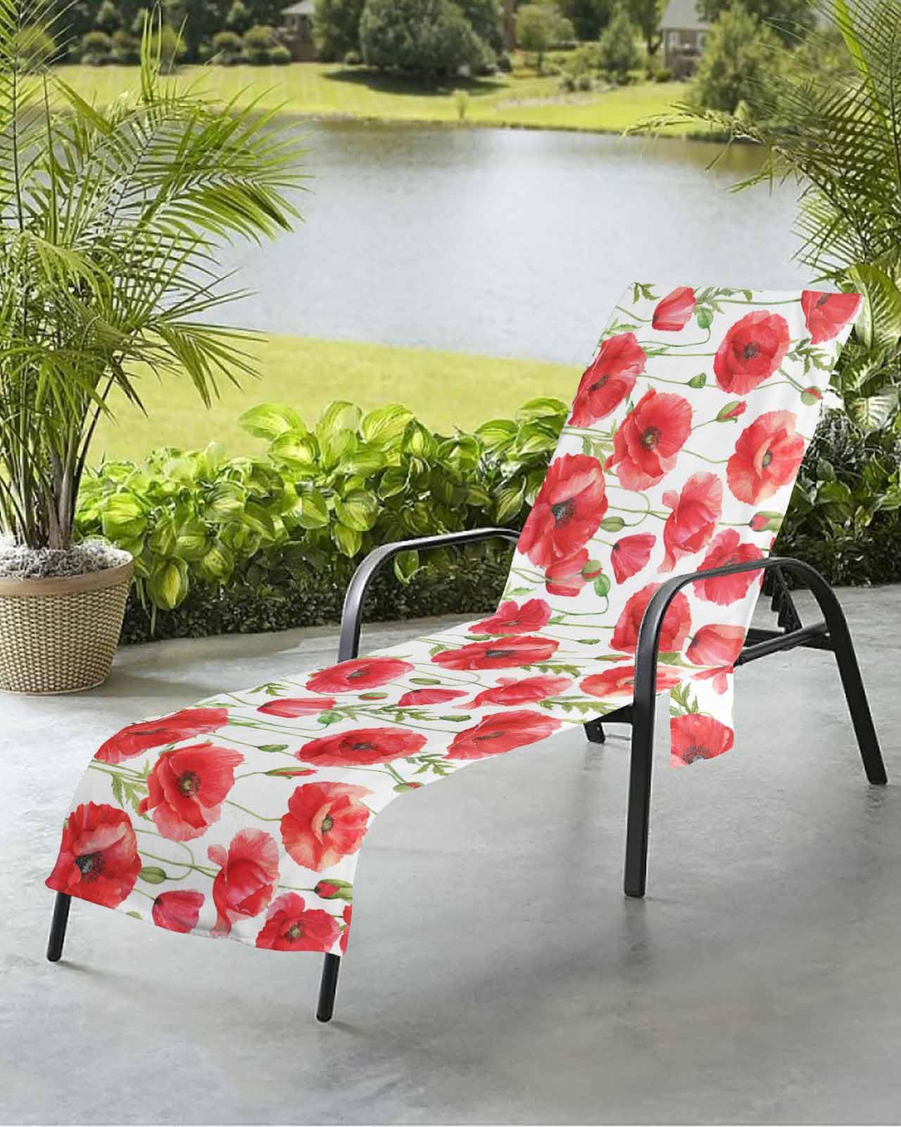 Floral Red Beach Chair Towel Covers for Chaise Lounge With Side Pocket, Soft Plush Pool Towels Cover for Patio Sunbathing Outdoor astoral Country French Botanical Flower Plant 29''x85''