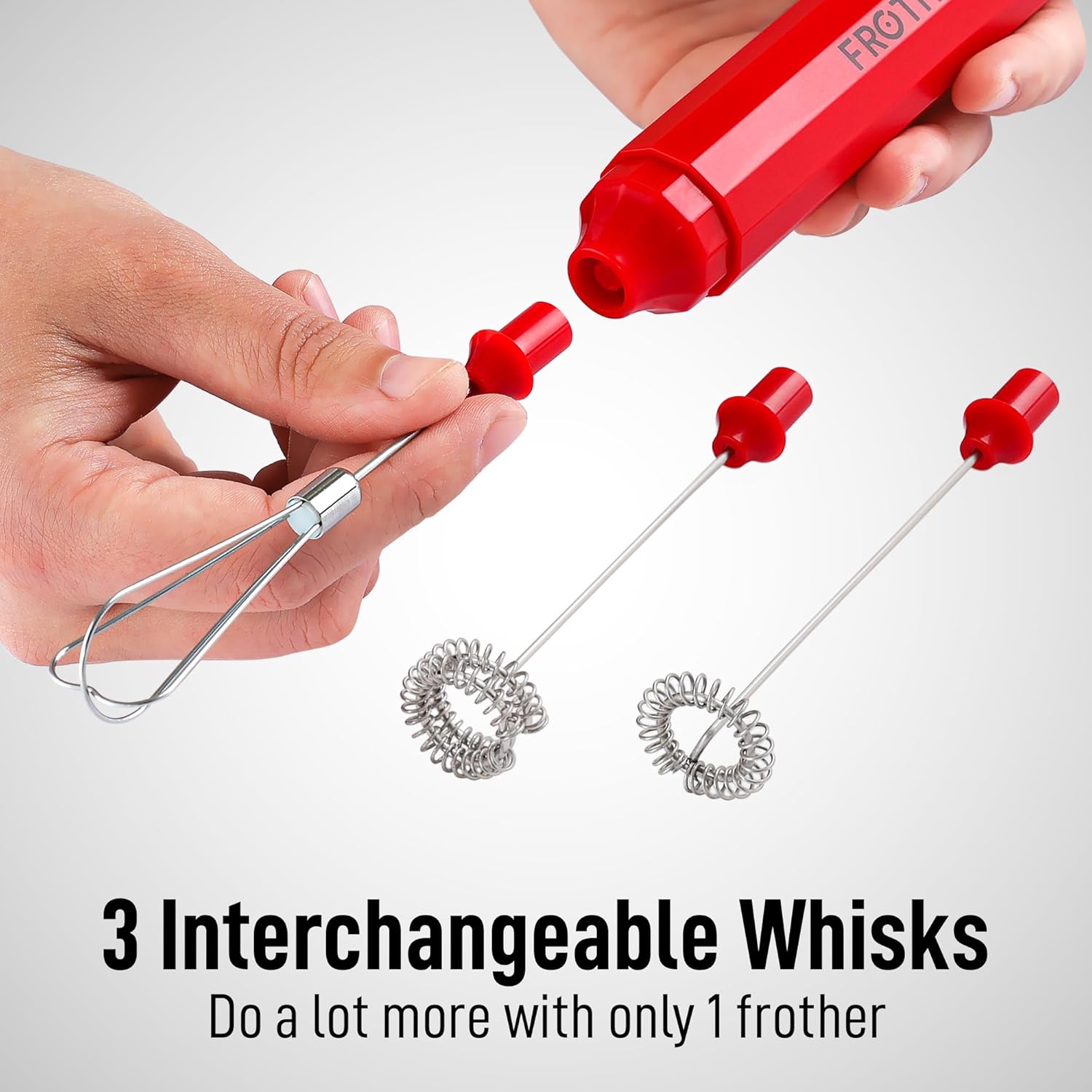 Zulay Froth N Go Milk Frother – Rechargeable 3-in-1 Handheld Frother Wand with Travel Case & USB-C Charger – Single, Double & Egg Whisk for Latte, Cappuccino, Matcha, Protein Shakes – Red