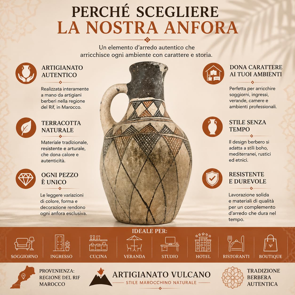 Vaso Anfora Berbera Marocchina in Terracotta Realizzata a Mano, Anfora Decorativa Artigianale, Stile Etnico per Arredo Casa, Vaso da Pavimento 42 cm