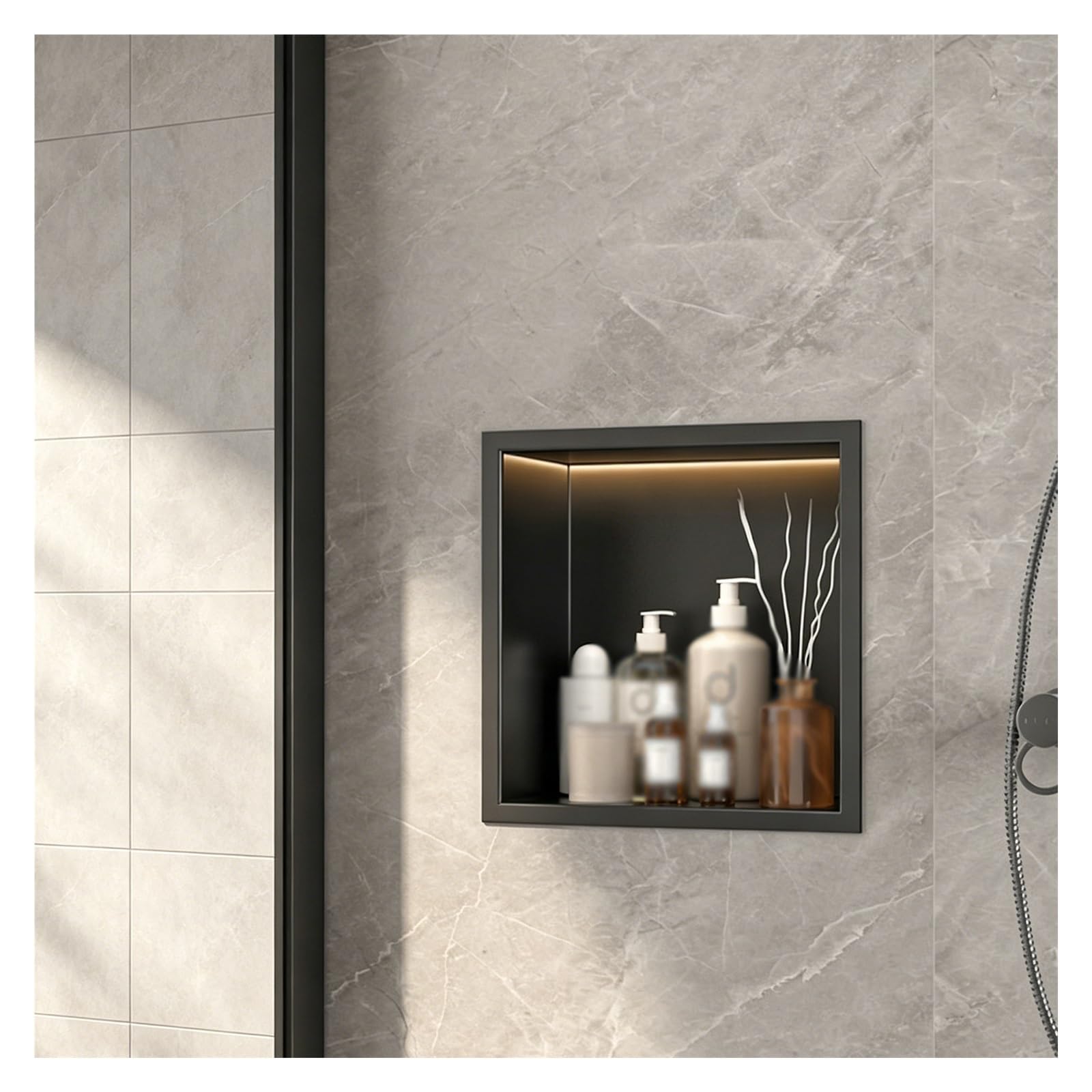 Duschnische Mattschwarze Duschnische Mit LED-Leuchten, Wasserdicht, Unterputz-Medizinschrank, Rechteckig, Vorgefertigte Badezimmerecke Mit Mehreren Regalen(1-Tier)