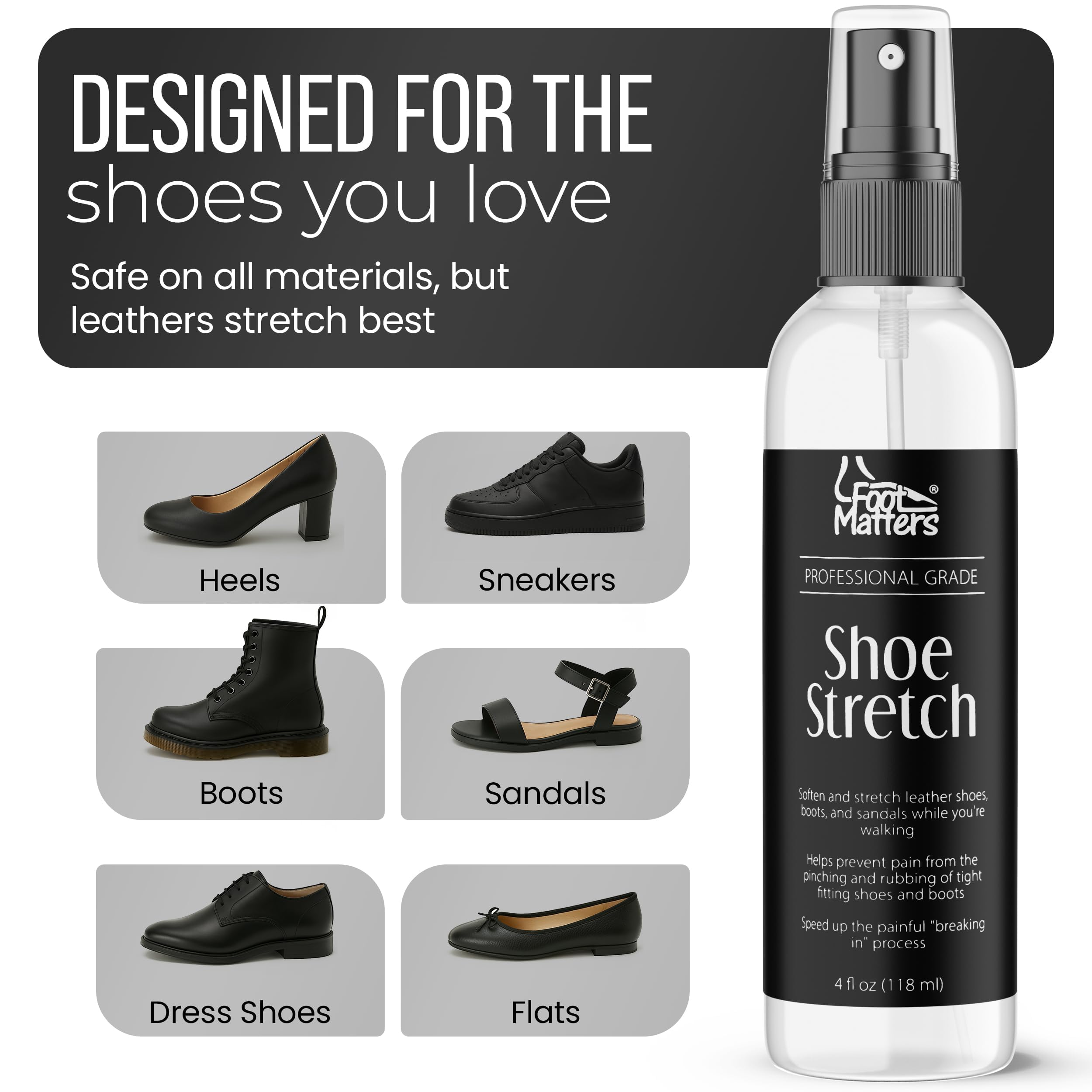 FootMatters Spray profesional para estirar botas y zapatos, suavizante y estirador para cuero, gamuza, nobuck, lona, 4 onzas