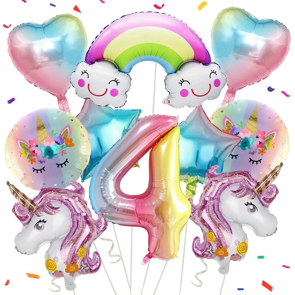 Girls Birthday Party Decoration Balloons,10 Pcs Unicorn Balloons, 4th Birthday Decorations Kit, for Girl Star Heart Aluminium film balloons, Party Supplies Balloon for 4th Girls Birthday Celebration