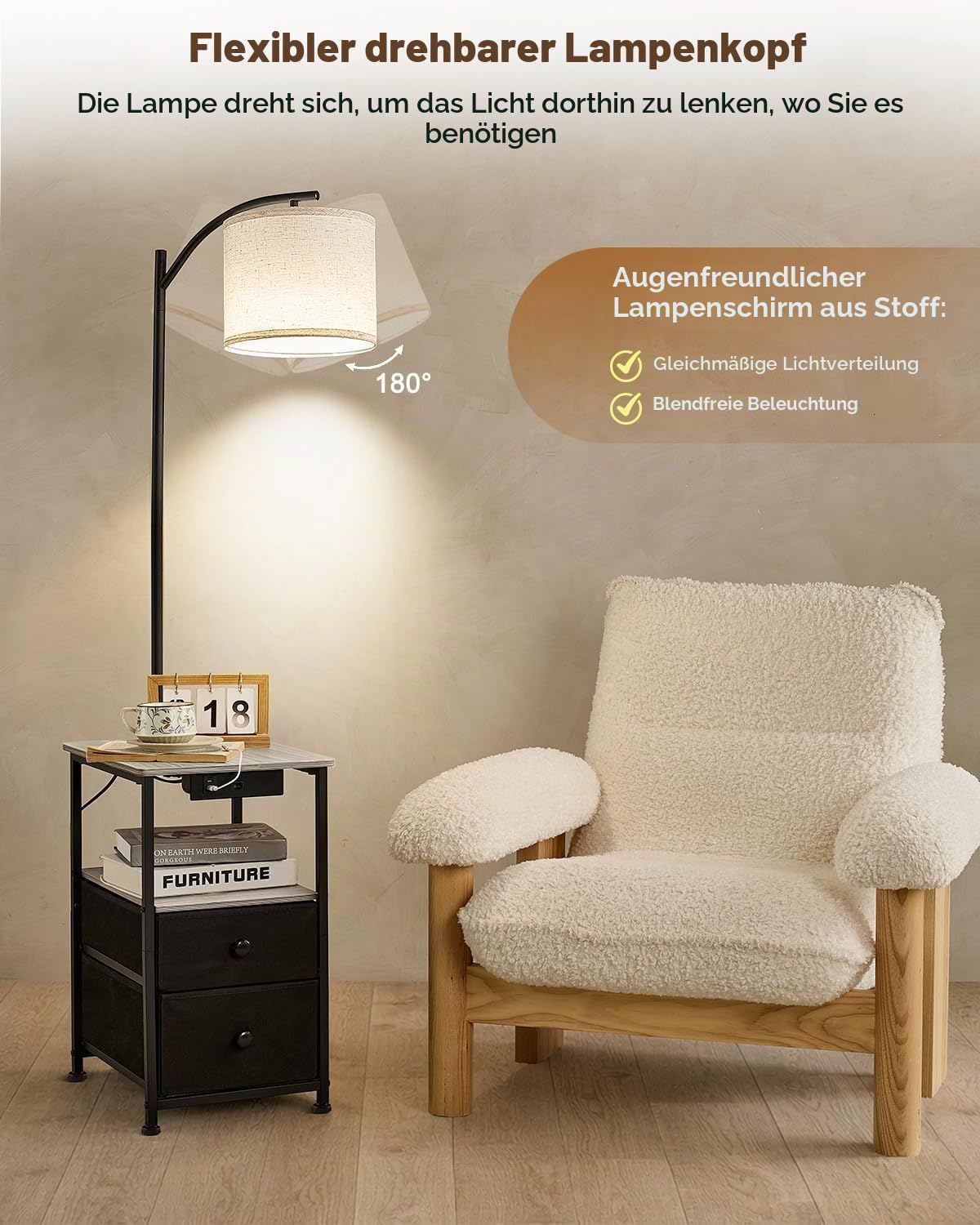Stehlampe mit Tisch und 2 Schubladen, Nachttischlampe mit USB & Typ-C Ladefunktion, Stehleuchte mit 3 Farbtemperaturen und verstellbarem Lampenschirm, LED Stehlampe für Wohnzimmer und Schlafzimmer