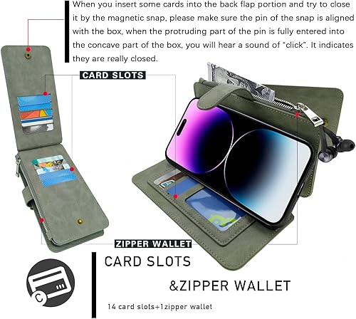 Miniatura 3 de MODOS LOGICOS Funda compatible con iPhone 15 Plus de 6.7 pulgadas, cartera desmontable, almacenamiento en efectivo con cremallera, hasta 14 ranuras