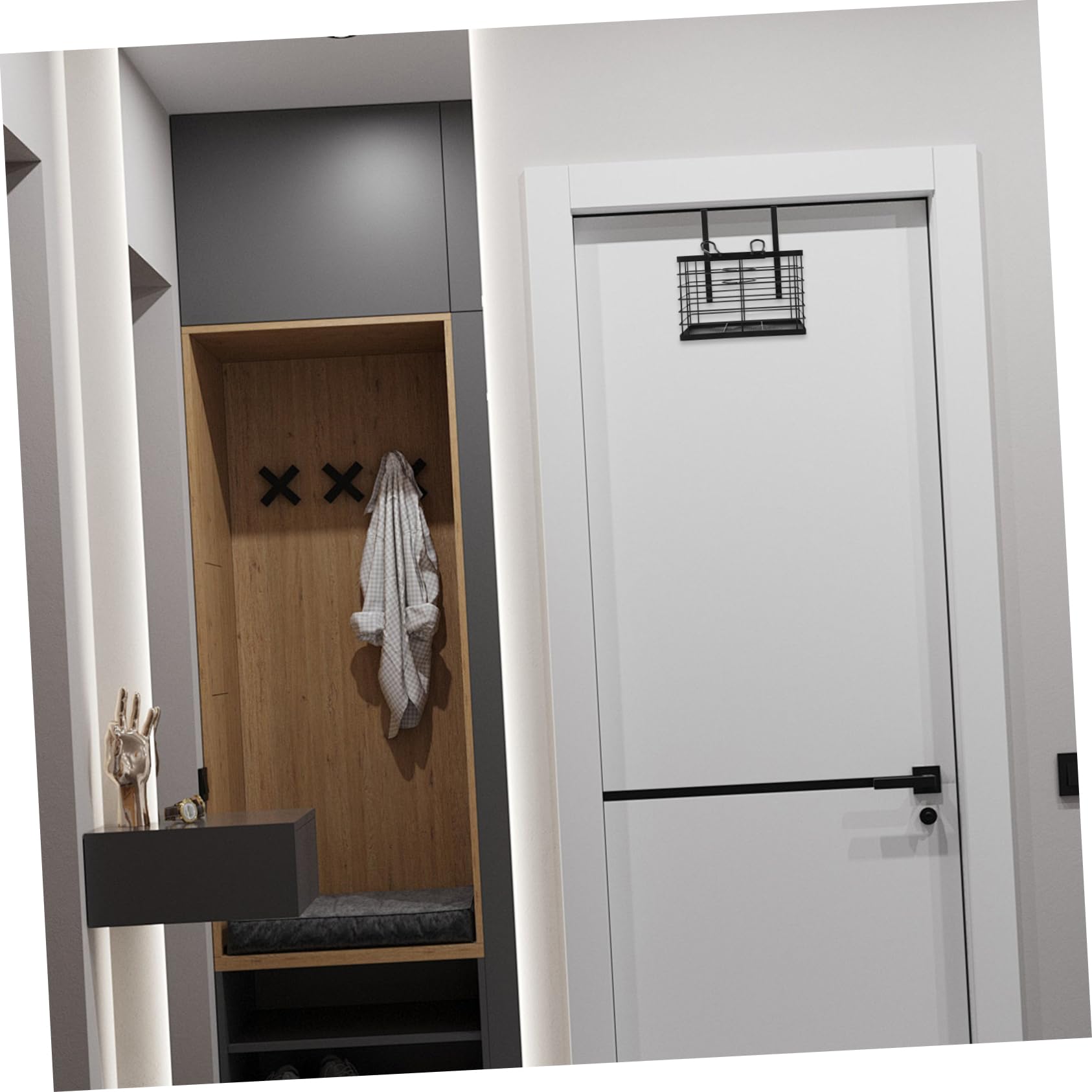 TOPBATHY Porta Phon da Muro in Ferro Nero, Porta Asciugacapelli per Porta | Organizer Bagno da Appendere, Mensola per Asciugacapelli, Spazio per Piccoli Oggetti e Ferro Arricciacapelli