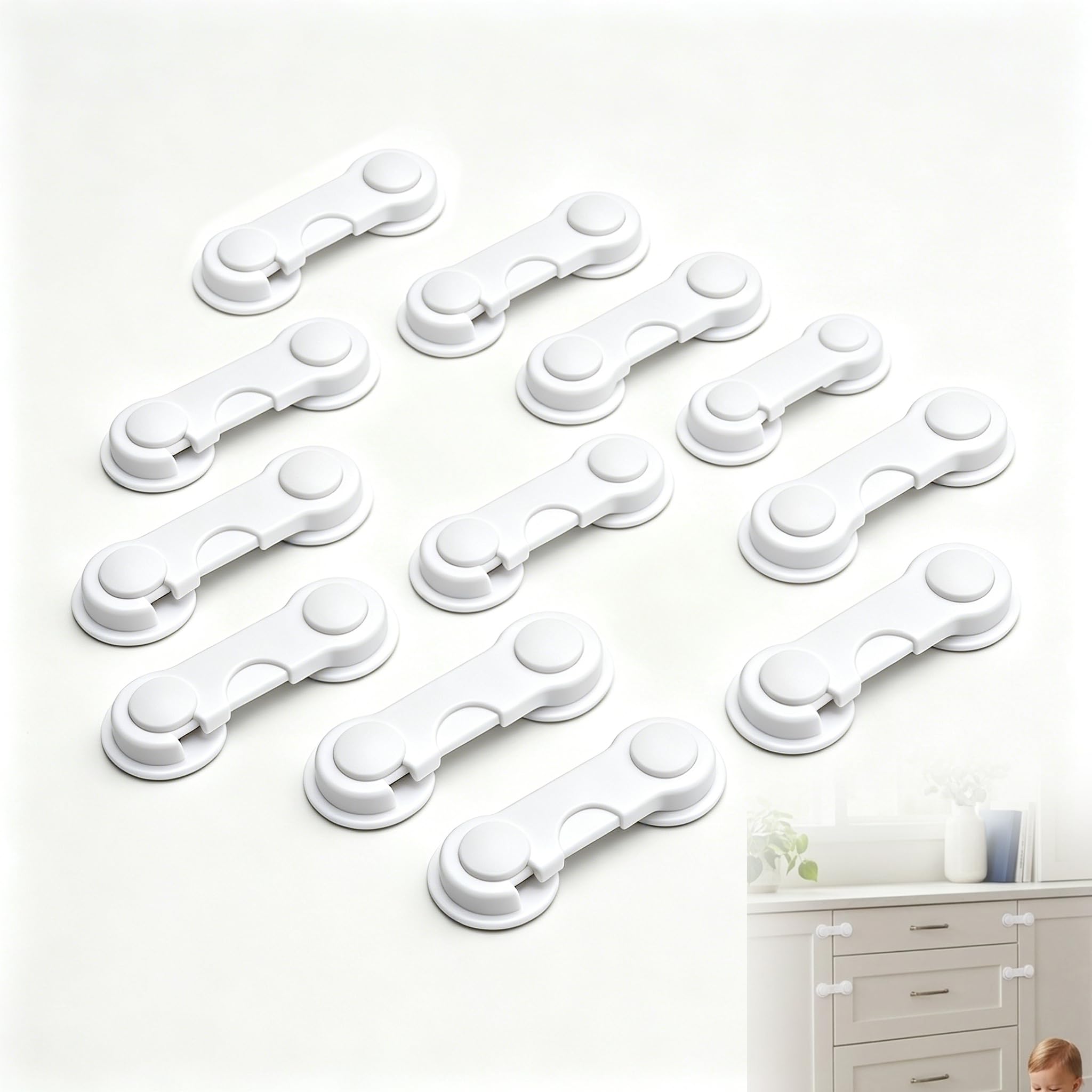 12 Pack Child Safety Cupboard Locks, Strong Adhesive Baby Proofing Locks for Kitchen Cabinets and Drawers, No-Drill Toddler Proof Security Latches for Fridge, Wardrobe and Appliances, White