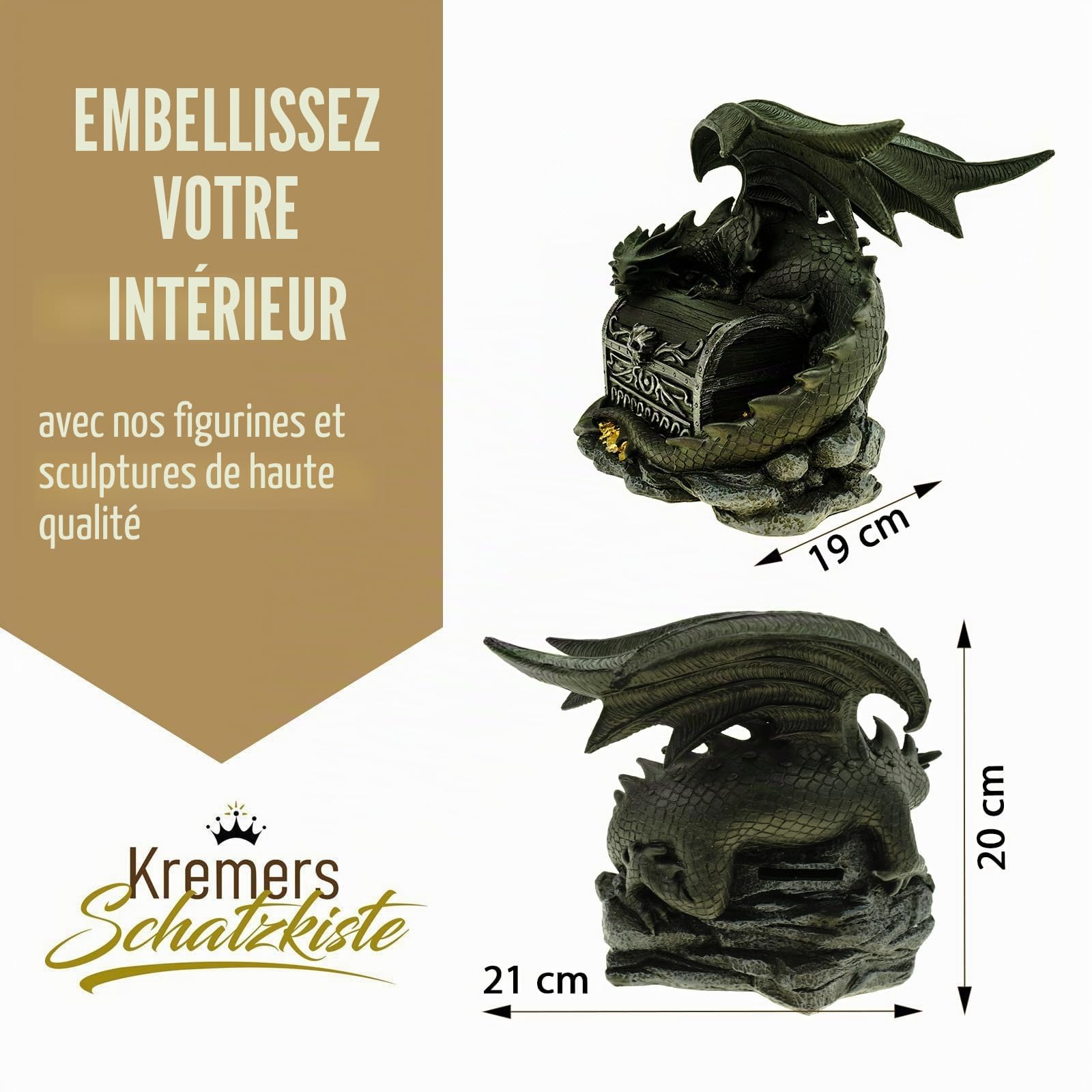 Kremers Schatzkiste XXL Tirelire Dragon Gardien 21 cm en polyrésine Tirelire Dragon