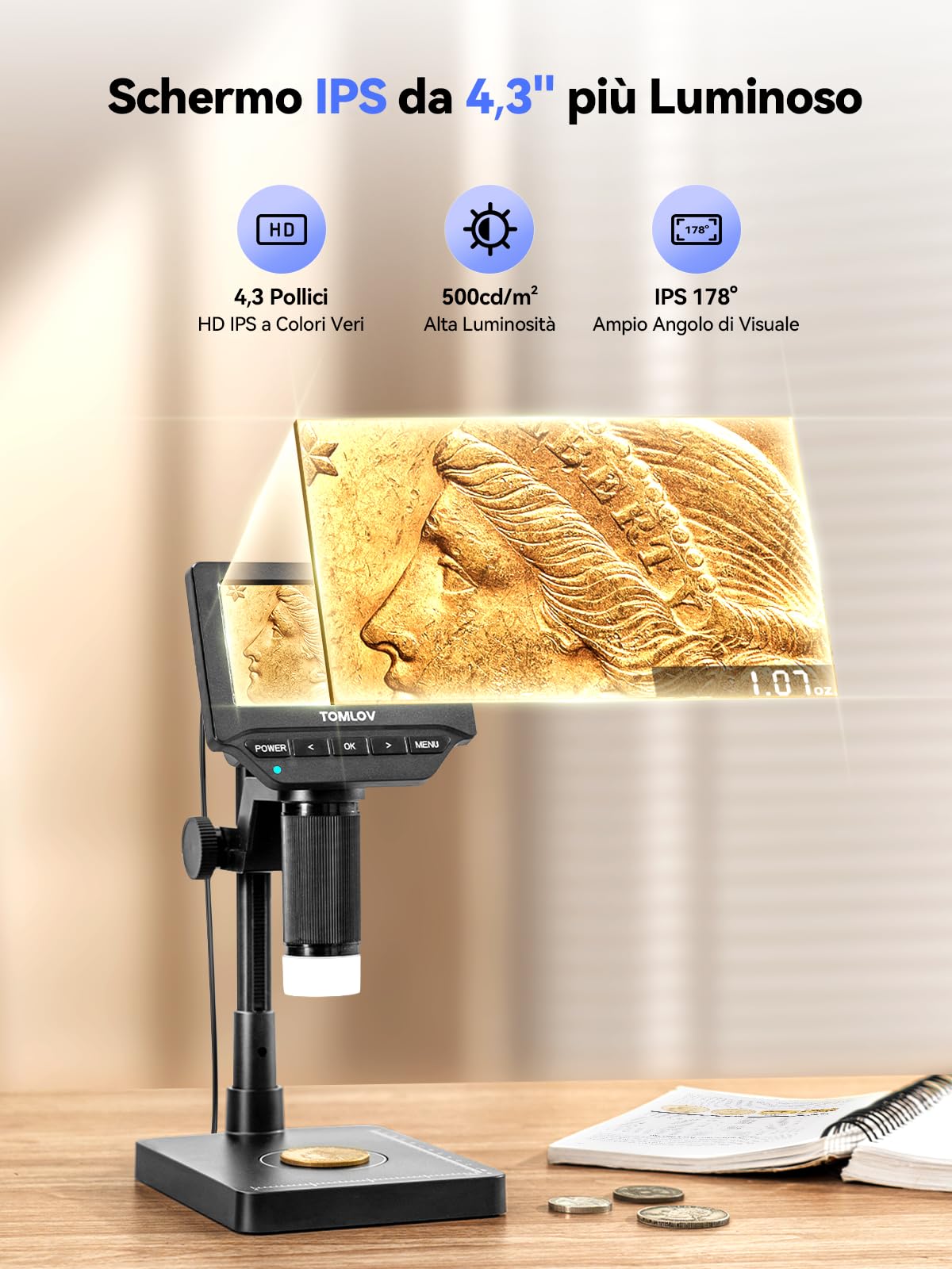 TOMLOV DM4W Microscopio Digitale con Bilancia: Microscopio per Monete con 4,3" IPS Schermo, Lente d'Ingrandimento con Luce, Bilancia Precisa per Collezionisti, Gioiellieri, Compatibile PC/Mac