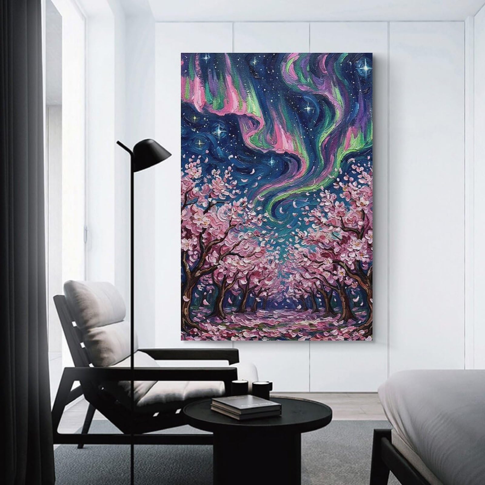 Junmoney Unframe-Style-10 Canvas Wall Picture Cherry Blossoms And Aurora Borealis Painting, 24X36inch(60X90cm), For Bedroom Decor, Cosy Corners Or Studios, A Warm Accent For Relaxed Interiors
