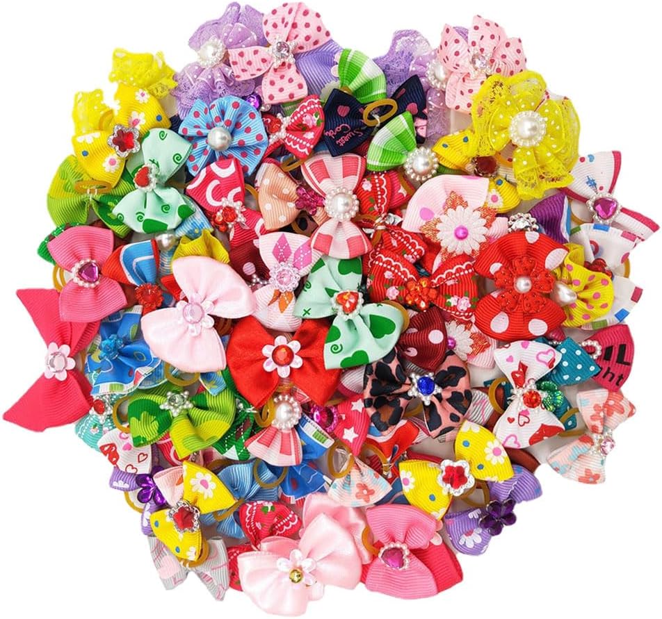 GSHLLO 20 Pcs Cute Dog Hair Bows Puppy Rubber Hair Bands Colorful Cat Hair Ties Small Rhinestone Ponytail Holders Faux Pearl Hair Ropes Pet Hair Accessories