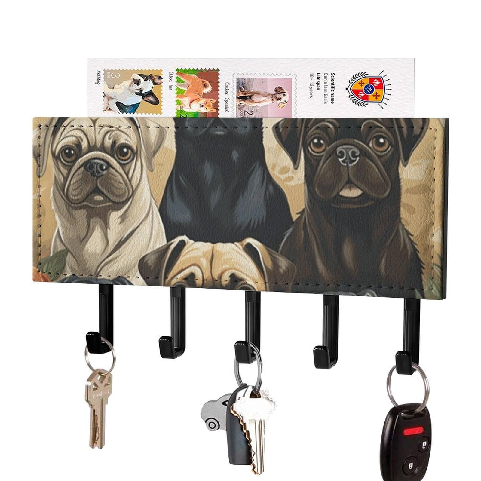 DWVTSLH Pug Key Holder for Wall, Decorative Key Hooks with Mail Organizer & 5 Hooks, Self Adhesive Leather Key Hanger for Entryway, Wall Mounted Key Rack (7.1” X 4.3” X 0.9”)