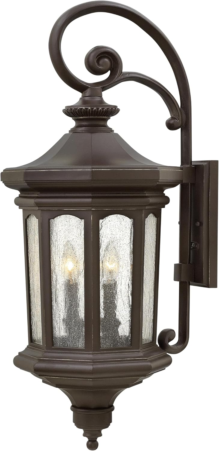 Hinkley Raley Large Wall Mount Outdoor Lantern - LEDs Included, Aluminum, Clear Water Glass Shade, Estate Series - Oil Rubbed Bronze Finish