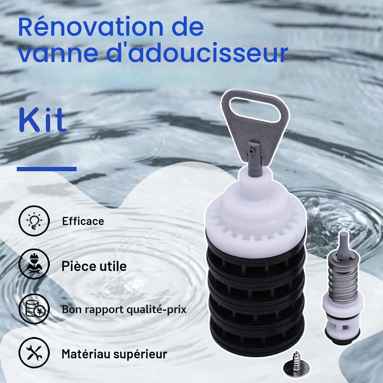 Kit de rénovation de valve d'adoucisseur compatible avec Fleck 5600, comprend le piston principal adoucissant 60102-00, les joints et entretoises 60125, vis, piston de saumure 60032 et joint inférieur