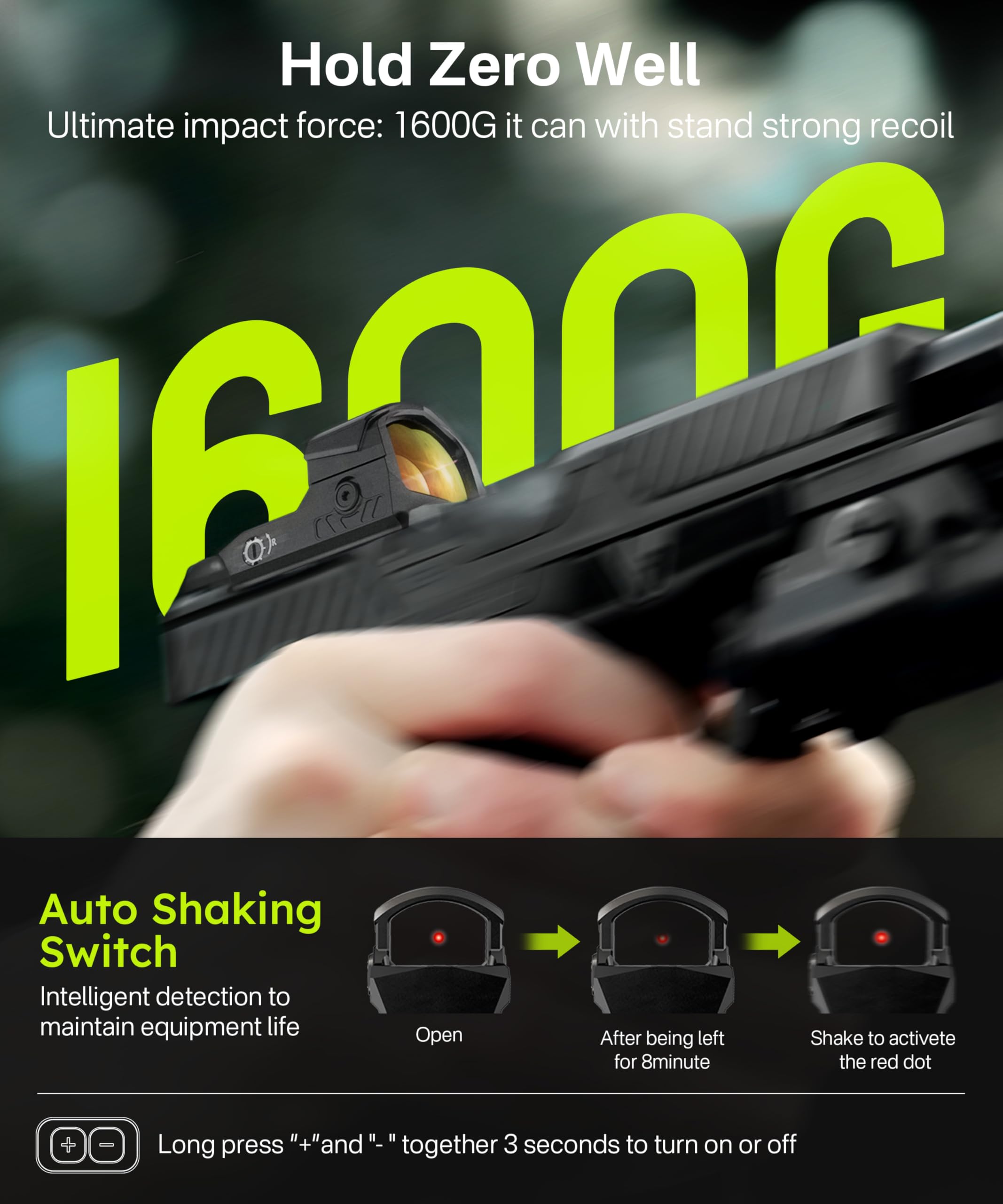 HAWKWAY Interrupteur à secouer automatique LED 2 MOA Red Dot sans parallaxe pour une empreinte RMR pleine grandeur