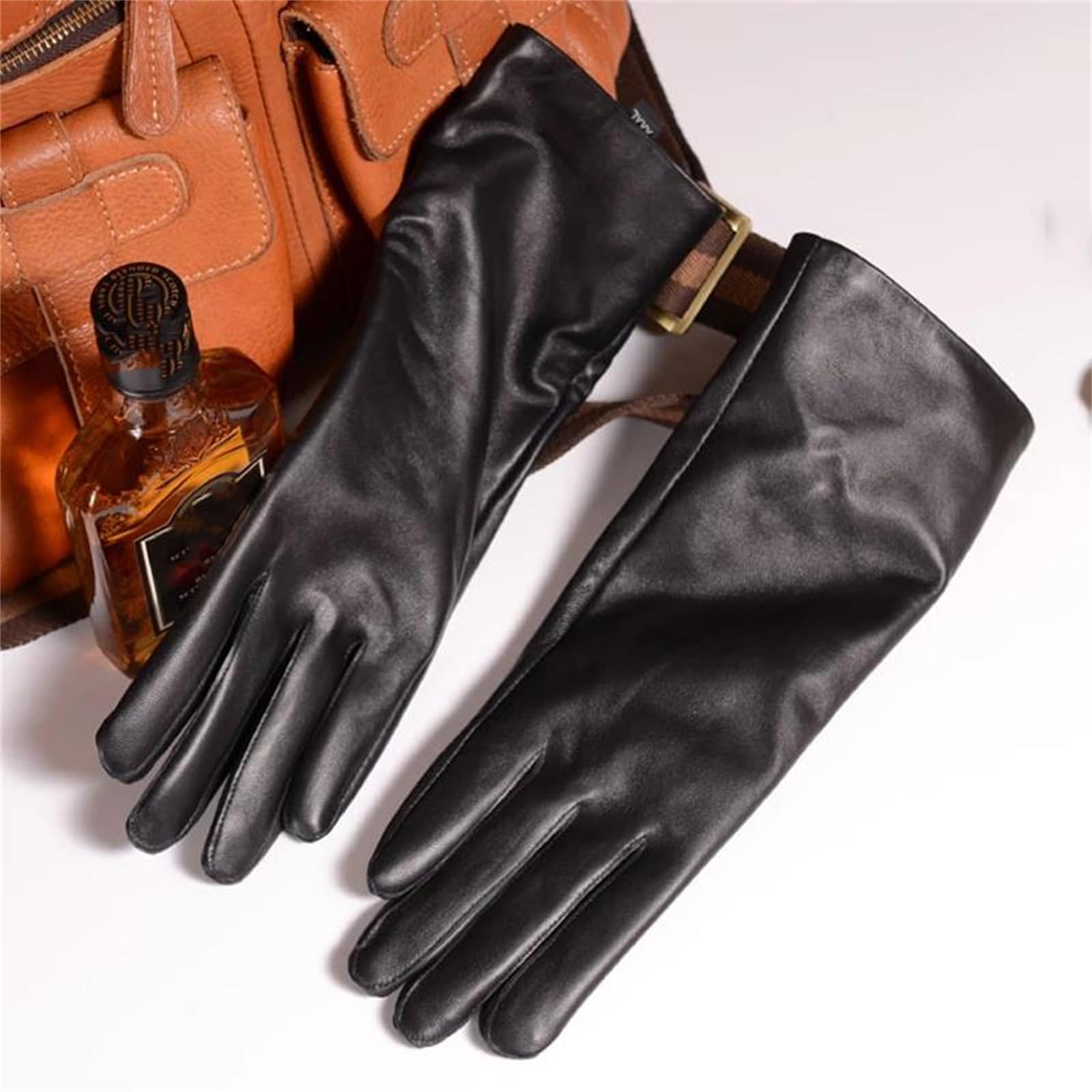 Guantes largos de piel de oveja auténtica para hombre, color negro, longitud de ópera, gruesos, con forro polar cálido, guantes de ciclismo