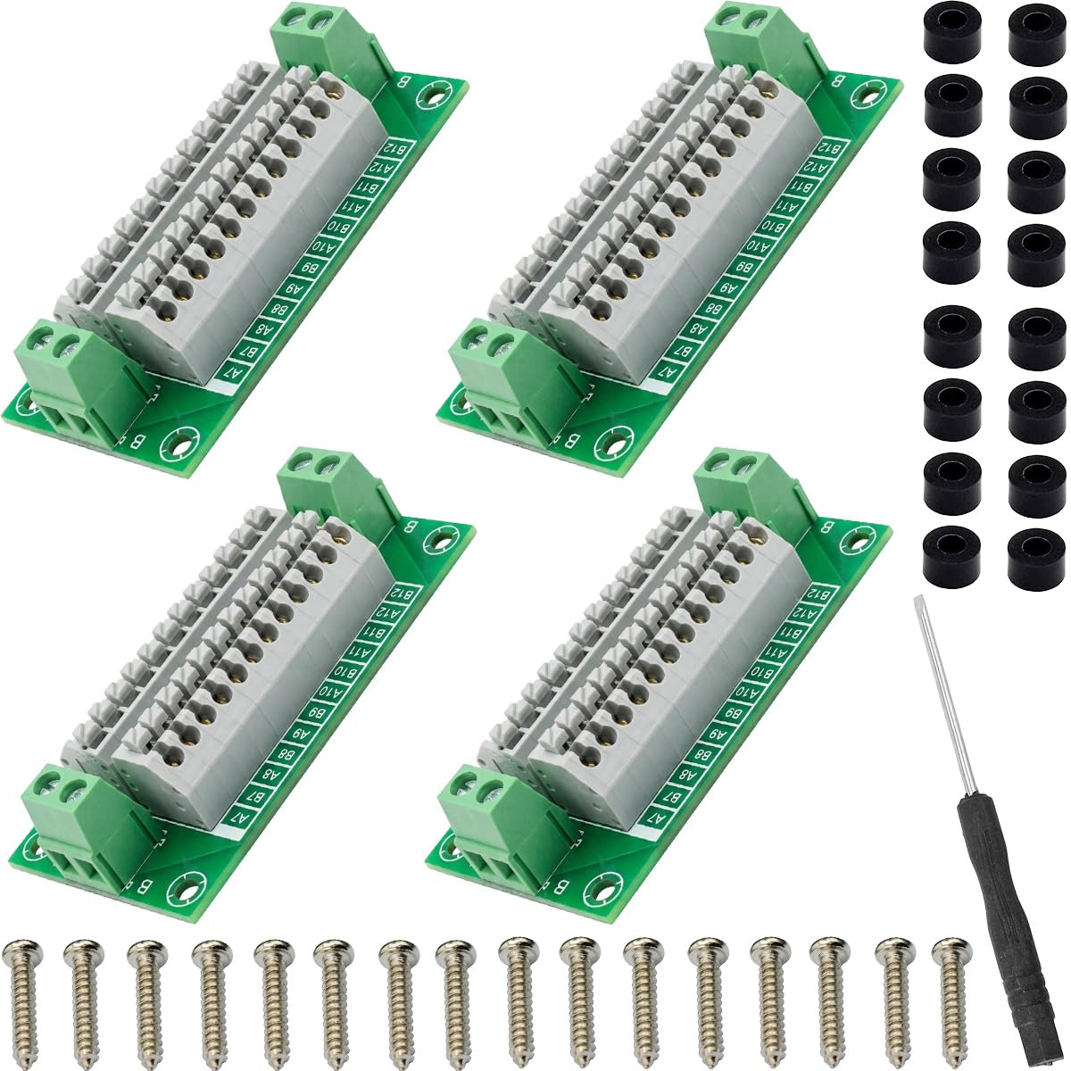 Youmile 4 pcs Power Distribution Board 2x12 Position Terminal AC/DC 300V 8A Dual-channel Input Supports multiple module extension connections with Screwdriver Screw Set for DIY Electronic Circuits
