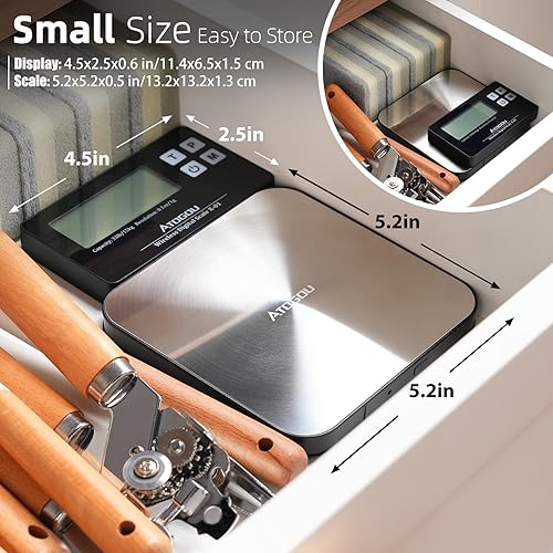 Miniatura 5 de Atogou Báscula de alimentos, báscula de cocina inalámbrica de 33 libras con pantalla remota, graduación precisa de 1 g0.1 oz, acero inoxidable 304