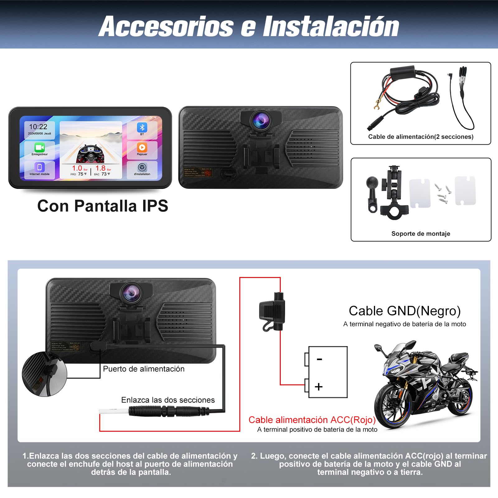 AWESAFE Pantalla Táctil de 6.25 Pulgadas para Motocicleta con CarPlay/Android Auto Inalámbrico, Estéreo Portátil con Pantalla IPS Impermeable/Dashcam 2K Frontal/Soporte para Moto，Admite Bluetooth/TF