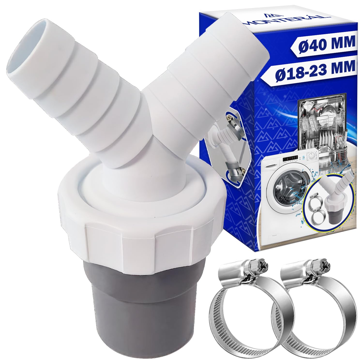 Waschmaschine Abfluss Adapter mit Abgang für Rohr Ø40 mm und Eingang Ø18-23 mm - Y Adapter für Doppelanschluss Ablaufschlauch Spülmaschine - Set Enthält 2 Stück Schlauchschellen Ø20-32 mm - MONTERAL