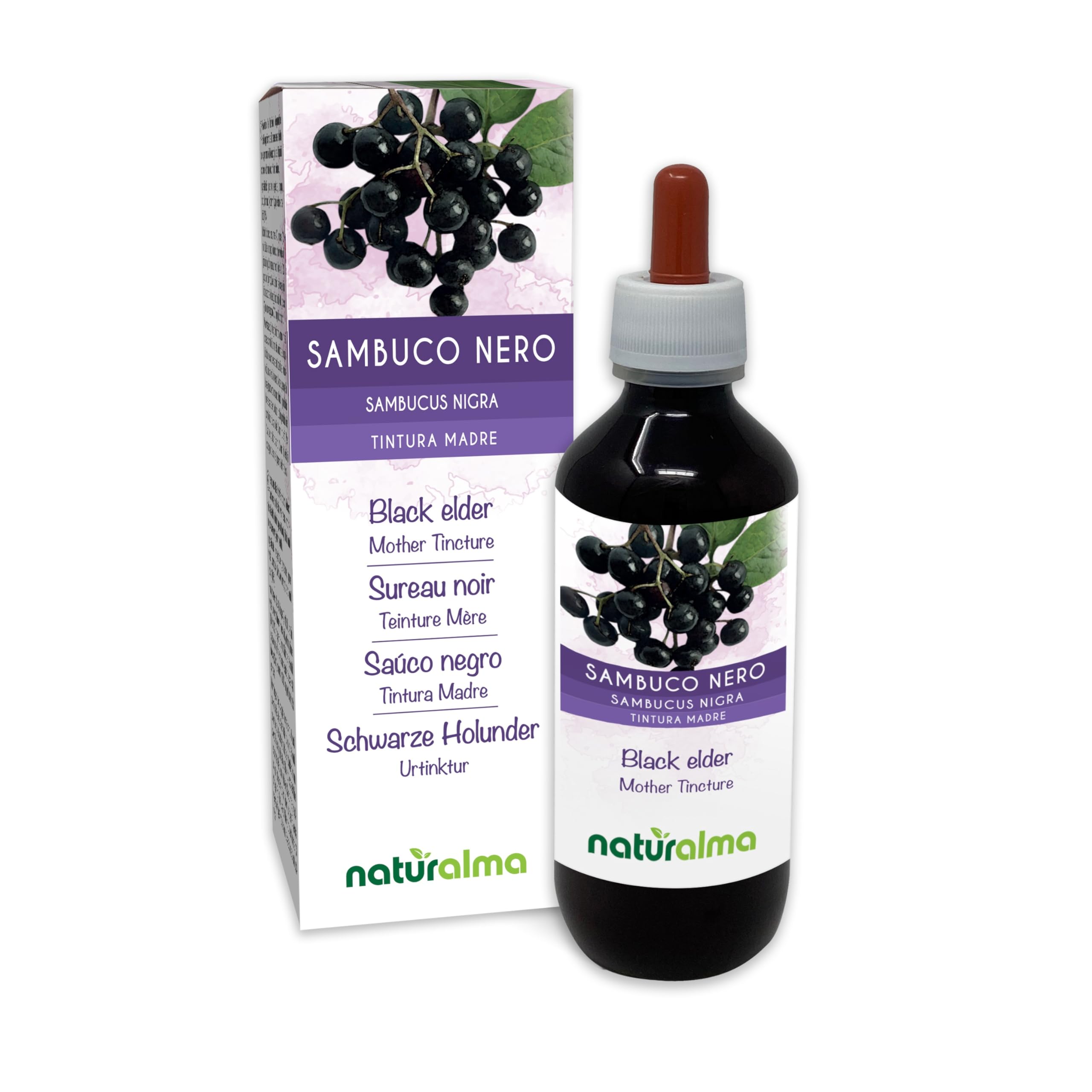 Schwarze Holunder (Sambucus nigra) Blüten und Früchte Alkoholfreier Urtinktur Naturalma - Flüssig-Extrakt Tropfen 200 ml - Nahrungsergänzungsmittel - Veganer