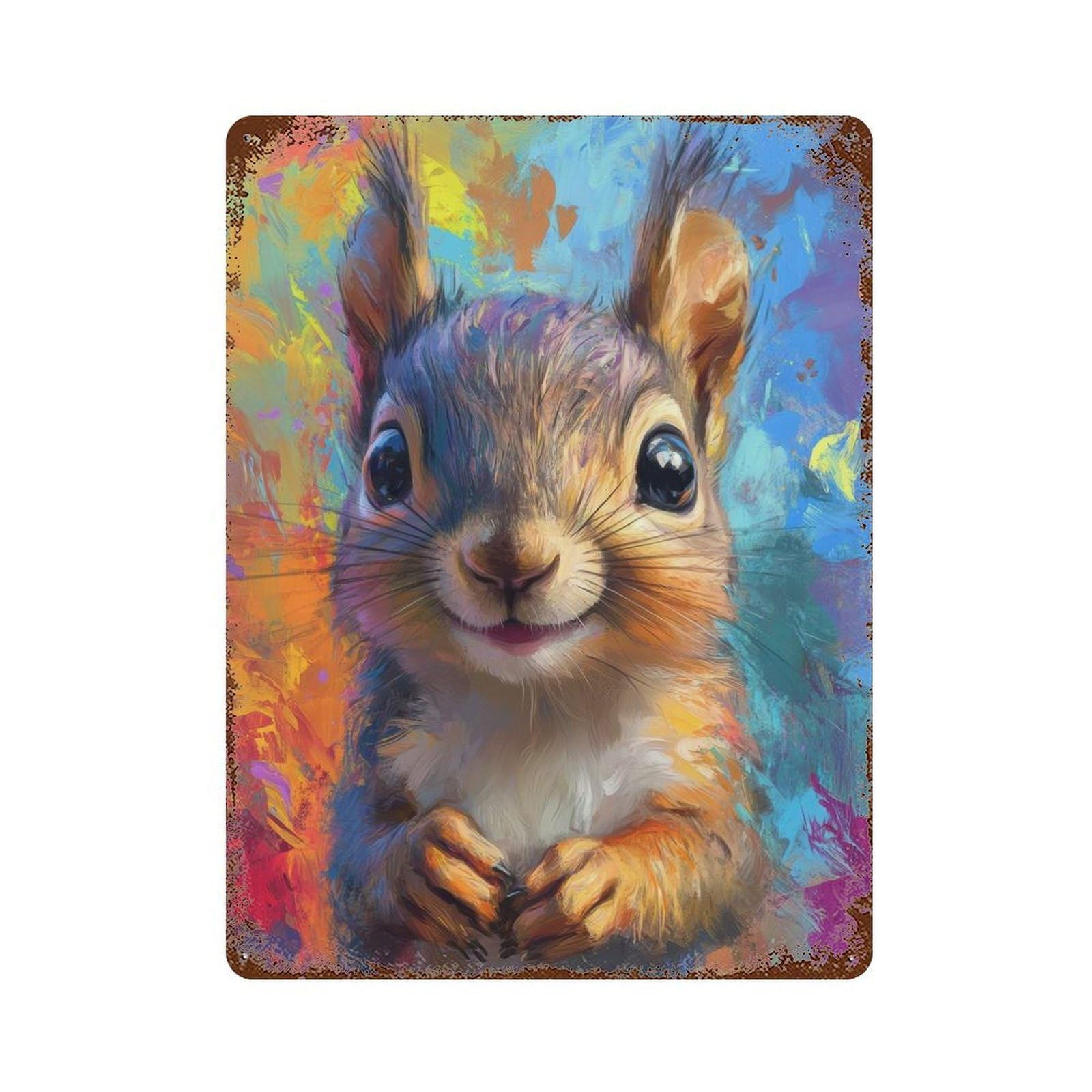 Smiling Squirrel Painting Rust Effect Tin Sign 15.7"x11.8", Decorative Metal Wall Art for Living Room, Hallway And Home Decor