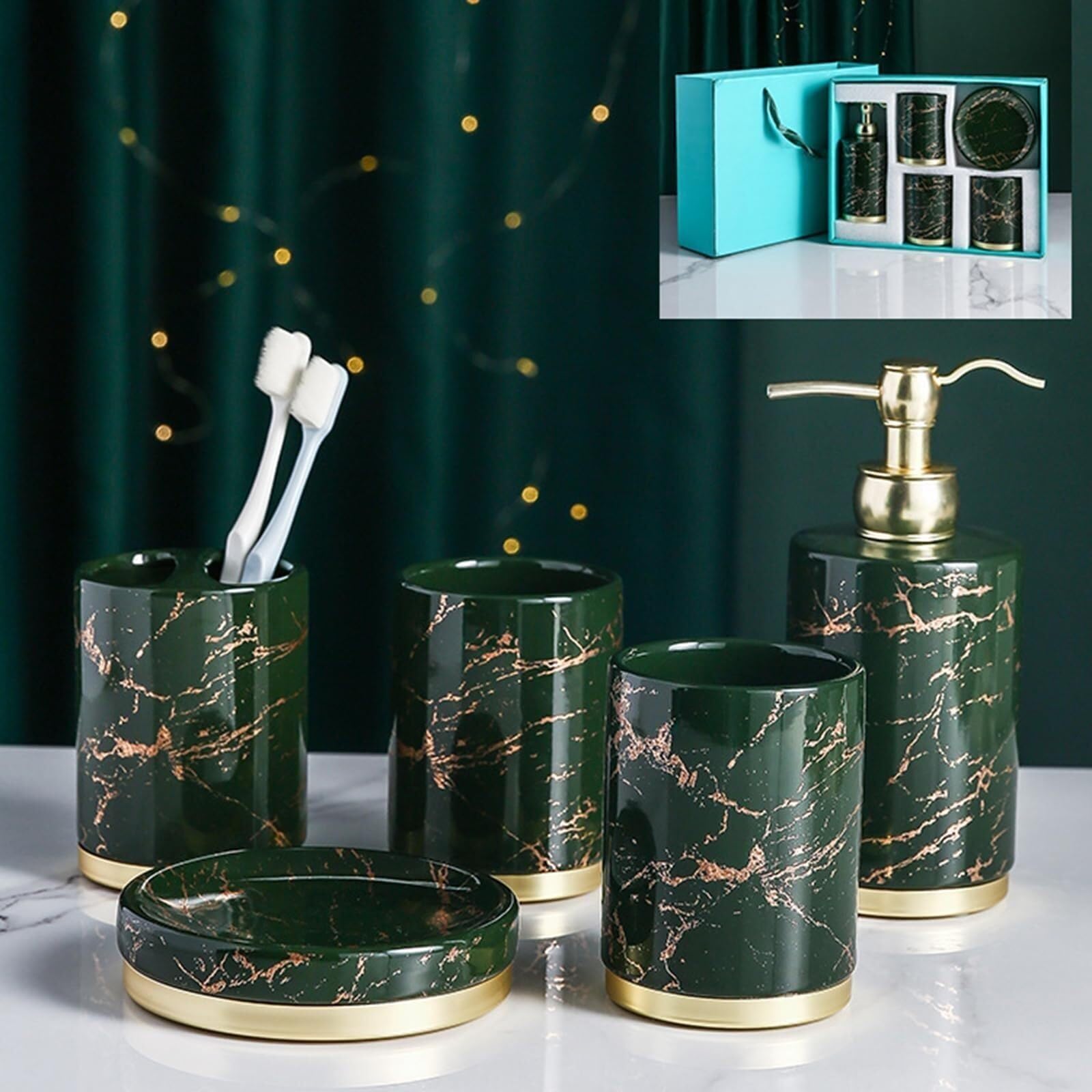 Set di accessori per il bagno Set di 5 dispenser sapone in ceramica, 3 bicchieri for spazzolini, portaoggetti, stile Coastal Deco Arredamento per gli affittuari(Green)