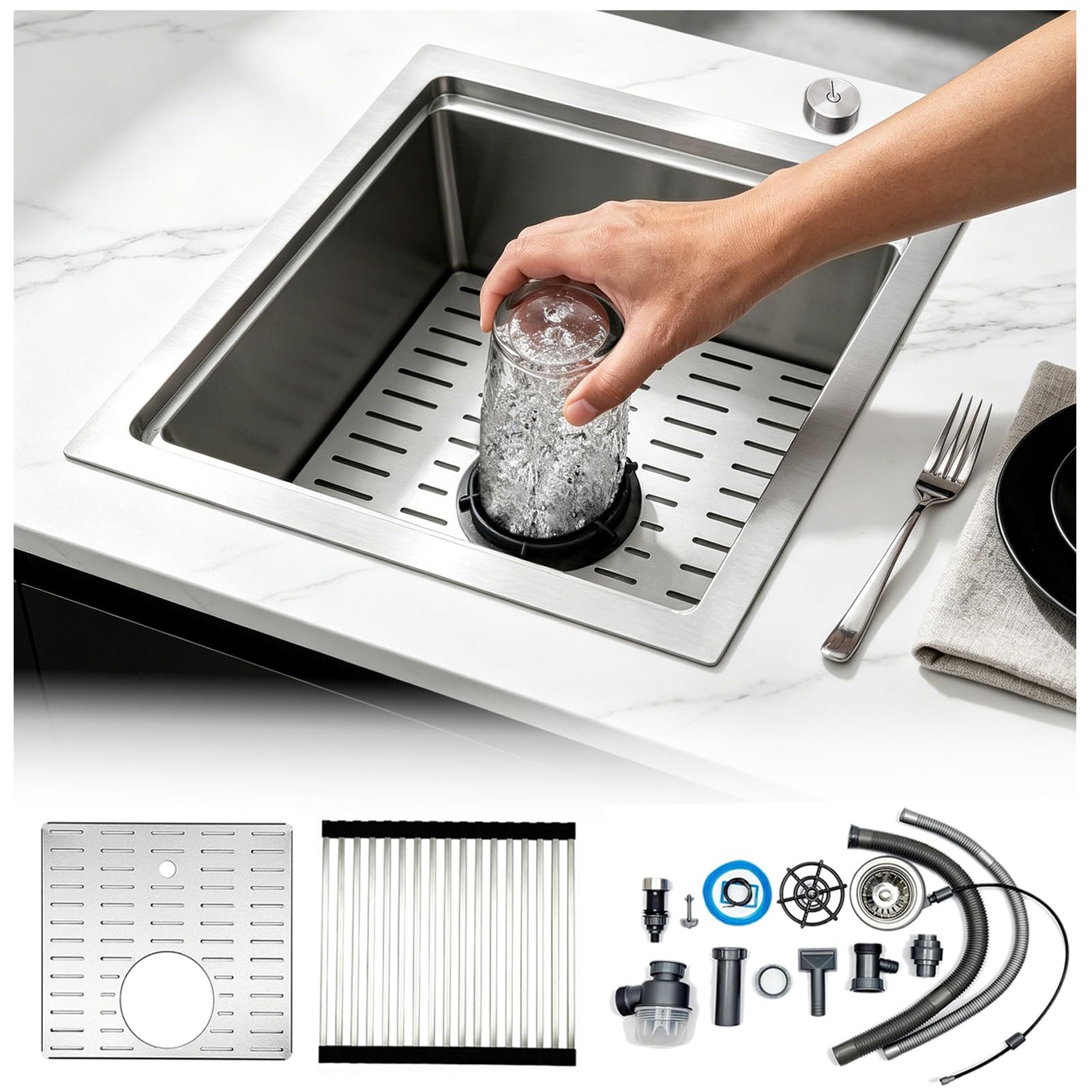 Aivanoto A 304 Stainless Steel Small Bar Sink With Glass Rinser, Single Bowl Prep Sink, Workstation Sink With Drain Knob, Waste Pipe, Drop-In/Undermount Cup Washer Sink For Home Bar, Rv, Pub(45X45x22cm)