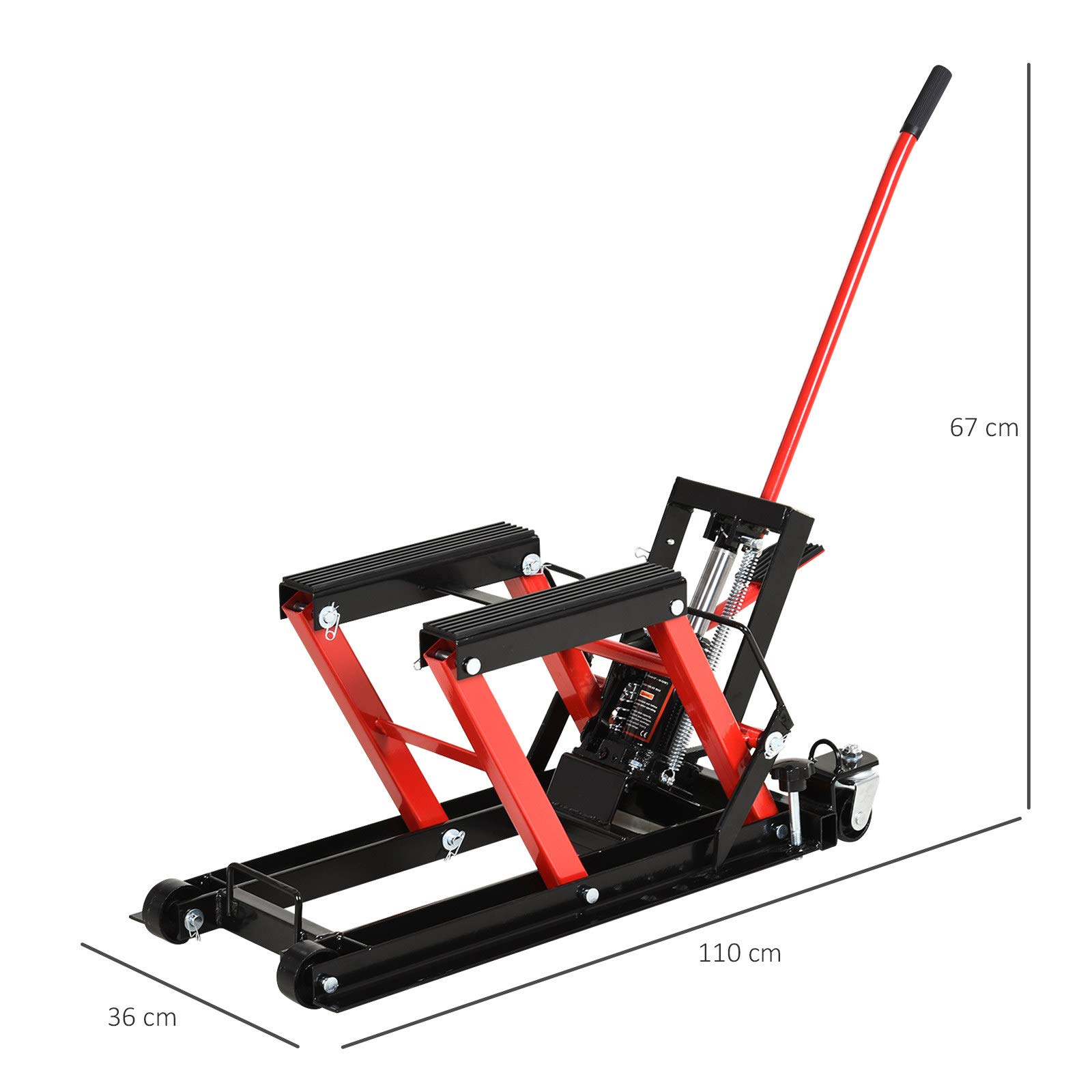 DURHAND Gato Hidráulico de Motocicletas Soporte 680 kg Elevador ATV para Garaje Pista Altura Ajustable 24-36 cm con Plataforma Almohadilla Antideslizante de Alta Resistencia 110x36x67 cm Negro y Rojo