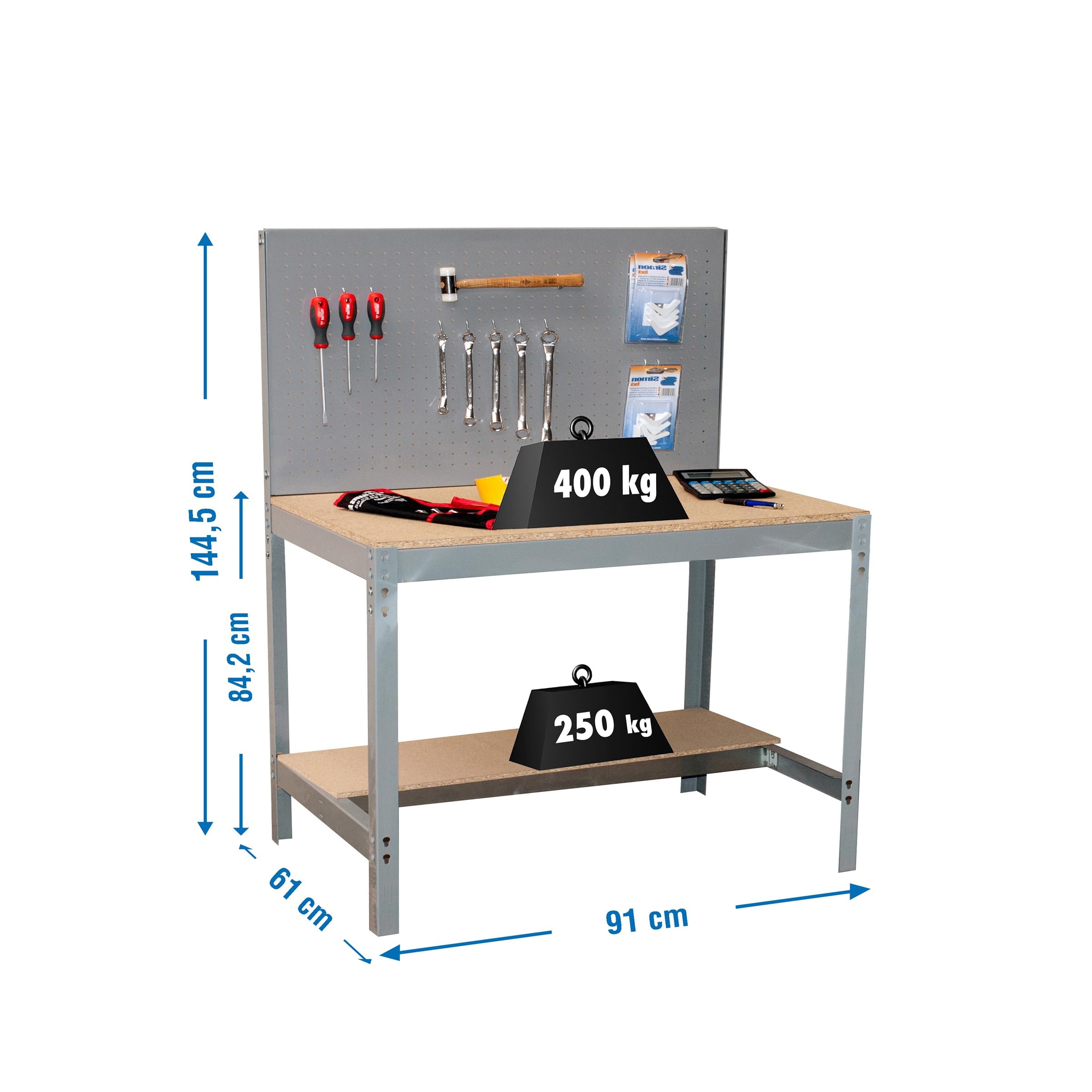 SimonRack Werkbank 400 kg Belastbarkeit, 144,5x91x61 cm, Große Arbeitsfläche Arbeitsfläche, Arbeitstisch, Holz-Arbeitsplatte, Grau/Holz - BT2 | Holzplatte 16 mm, Tragfähigkeit 400 kg, Korrosionsschutzlackierung, Klicksystem-Montage, Grau