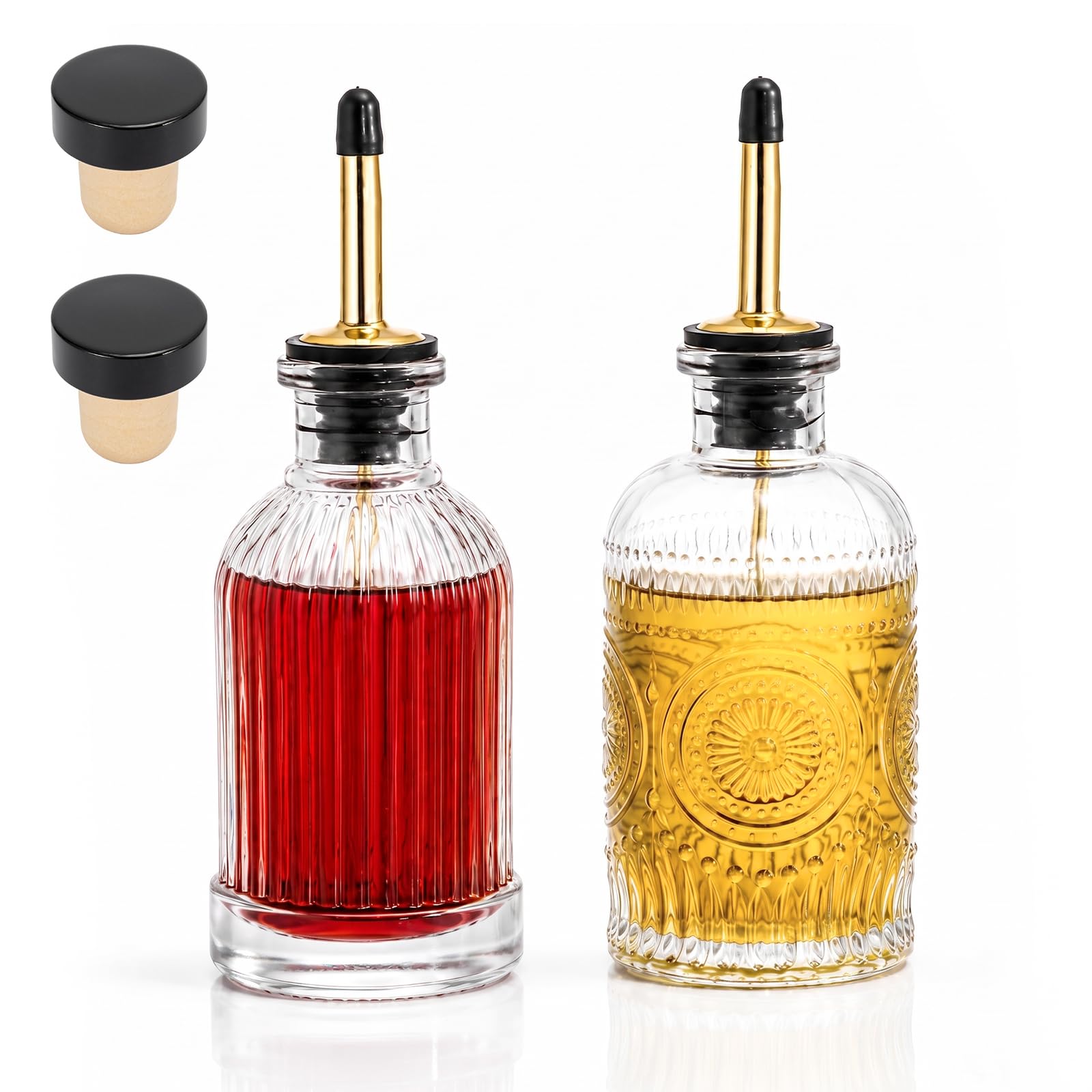 EVERGOODS 2 Pack 200ml Vintage Embossed Glass Coffee Syrup Dispenser Bottles, 6×6×19cm Syrup Bottles with Gold Plated Metal Pour Spout, Reusable Glass Storage Bottle for Coffee Syrup (Black 2PCS)