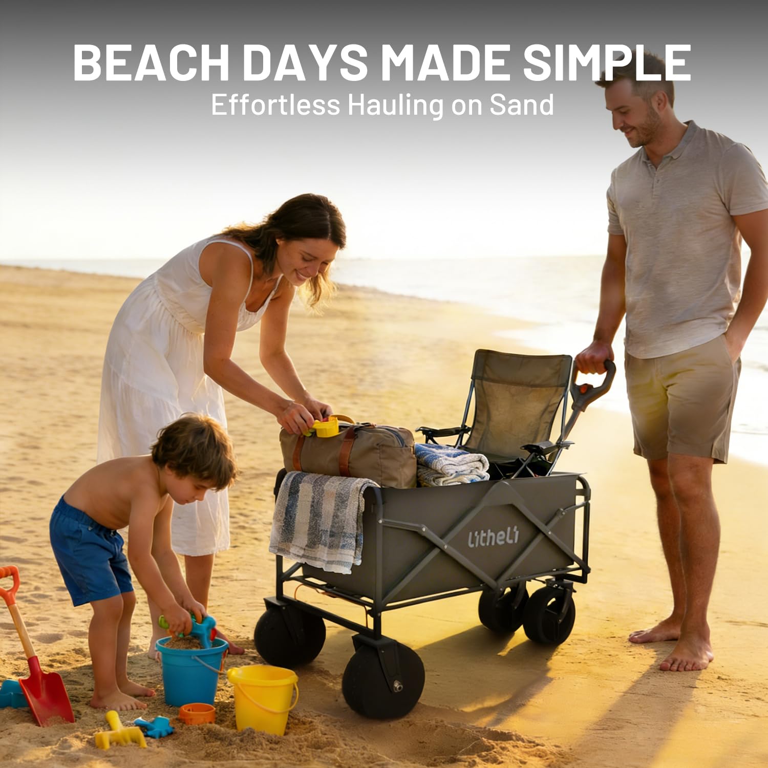 LiTHELi Carrello elettrico pieghevole, carretto a mano pieghevole con motore e freni, 100L 50KG adatto per campeggio, giardino, spiaggia, shopping (nero, W1 Go con 1 batteria)