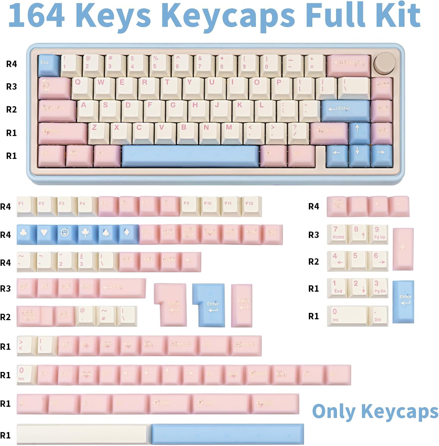 PBT Keycaps, Cute Custom Keyboard Pink Keycaps 60 75 100%, Double Shot 164 Keys Transparent Set for Cherry Gateron MX Switches, Pink White Blue