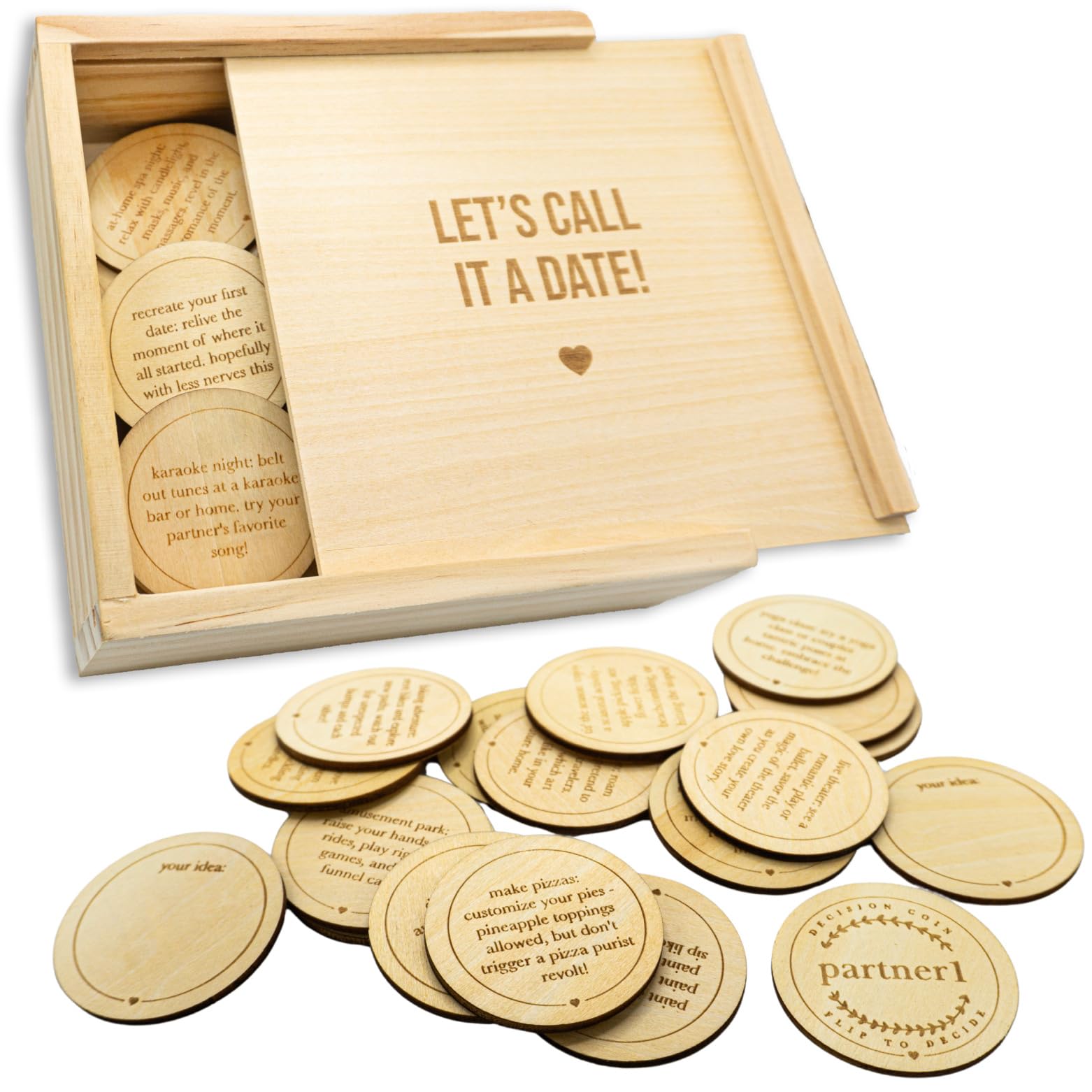 Date Night Box Game - 52 Romantic Date Ideas + 4 Personalized Dates & Decision Maker Coin - Fun Gift for Couples, Anniversaries, Weddings, Bridal Showers Bachelorette Parties, Him & Her, Anniversary