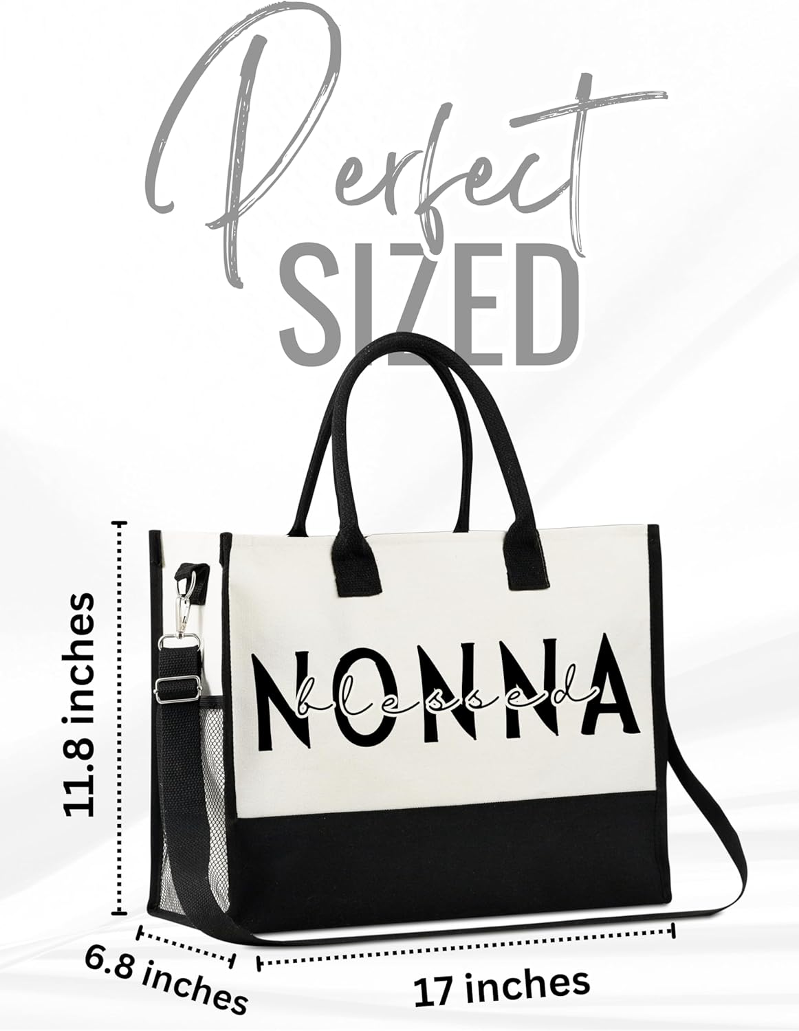 InnoBeta Nonna Gifts for Grandma, Canvas Tote Bag on Christmas or Birthday, Tote with Top Zipper Closure and Shoulder Strap - Blessed Nonna - Image 4