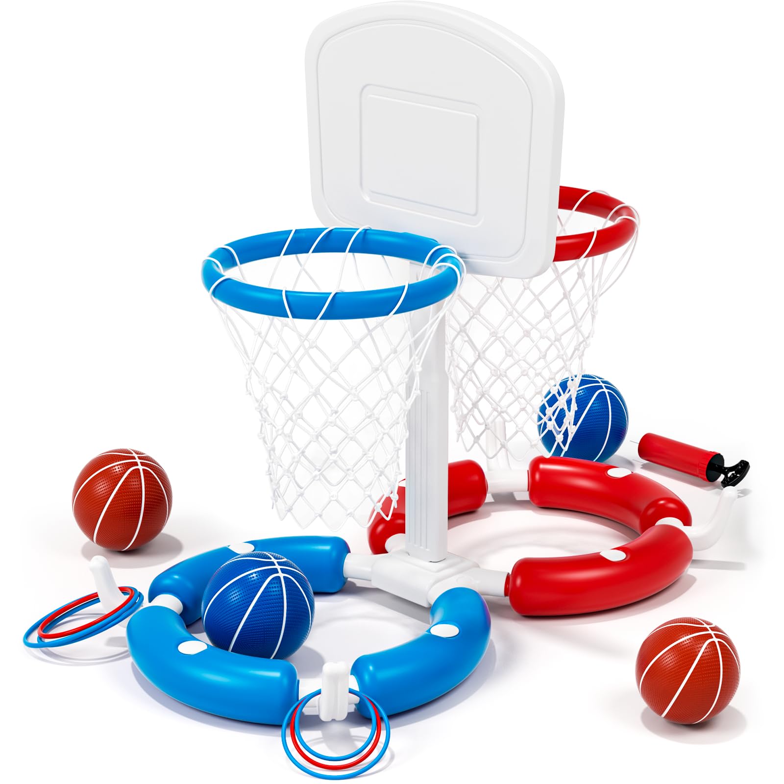 Photo 1 of ** MISSING SOME PARTS** Double Pool Basketball Hoop with Backboard &Ring Toss Game, 2-in-1 Floating Pool Toy with 4 Balls 8 Rings&Pump,2 Player Games Summer Activities for Kids 5-8 8-12& Adult,Outdoor Swimming Party Gifts