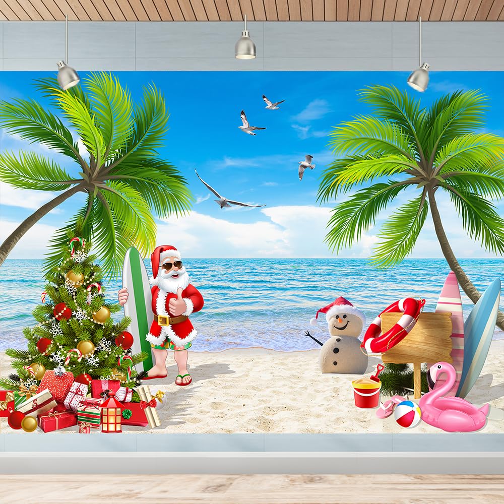 7x5 FT July Christmas Backdrop Summer Beach Xmas Photography Background Tropical Hawaiian Party Supplies Christmas Tree Holiday Party Decoration Photo