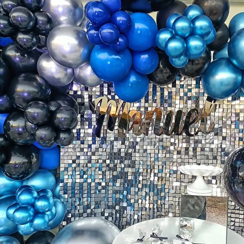 Image of 104Pcs Blue Black Silver Birthday Decorations Kit - Metallic Balloons Happy Birthday Card Banner Pack