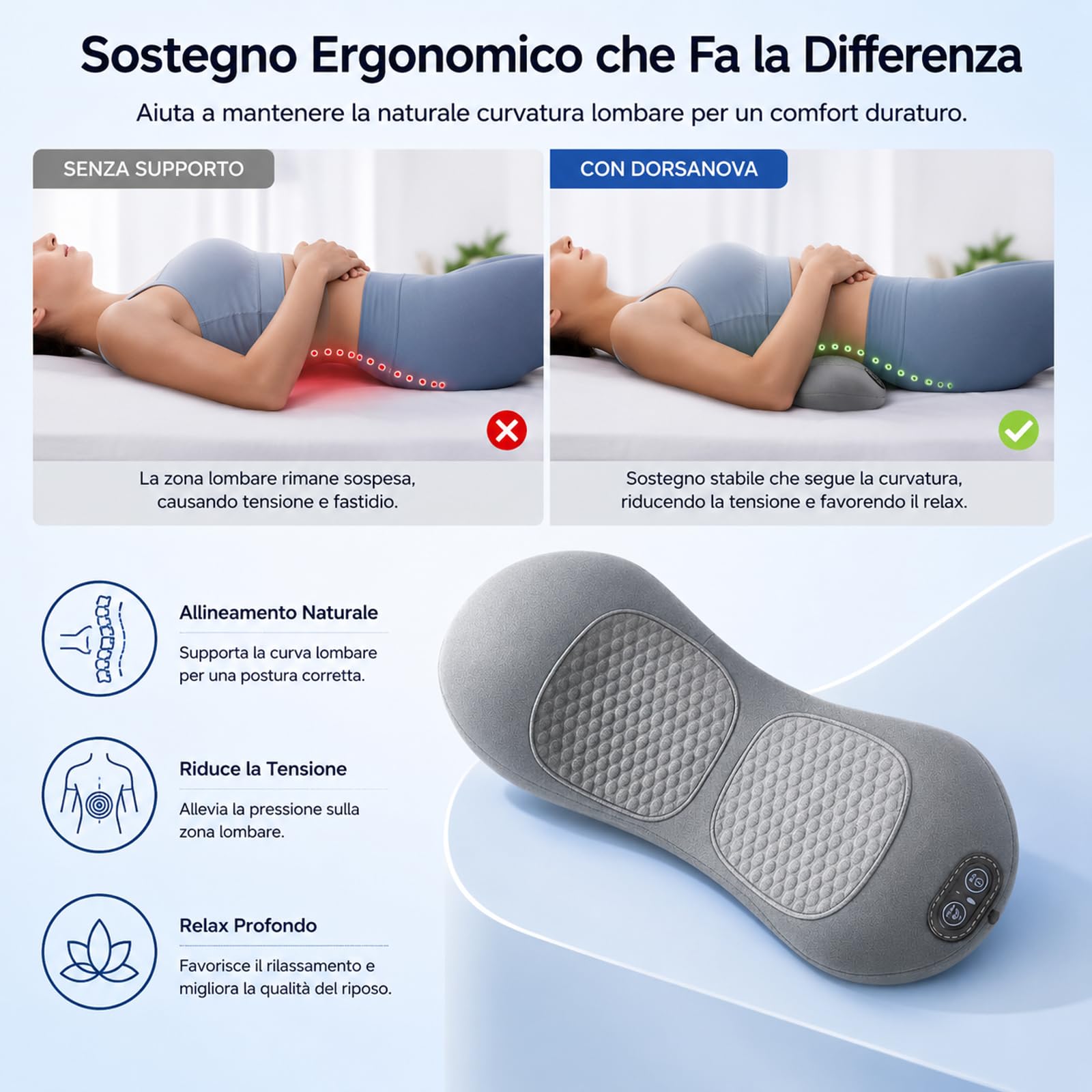 Dorsanova Massaggiatore Schiena Supporto per Trazione Lombare - Cuscino Ergonomico per Stretching e Benessere della Colonna Vertebrale, Dispositivo per Relax Muscolare a Casa e in Ufficio (Grigio)