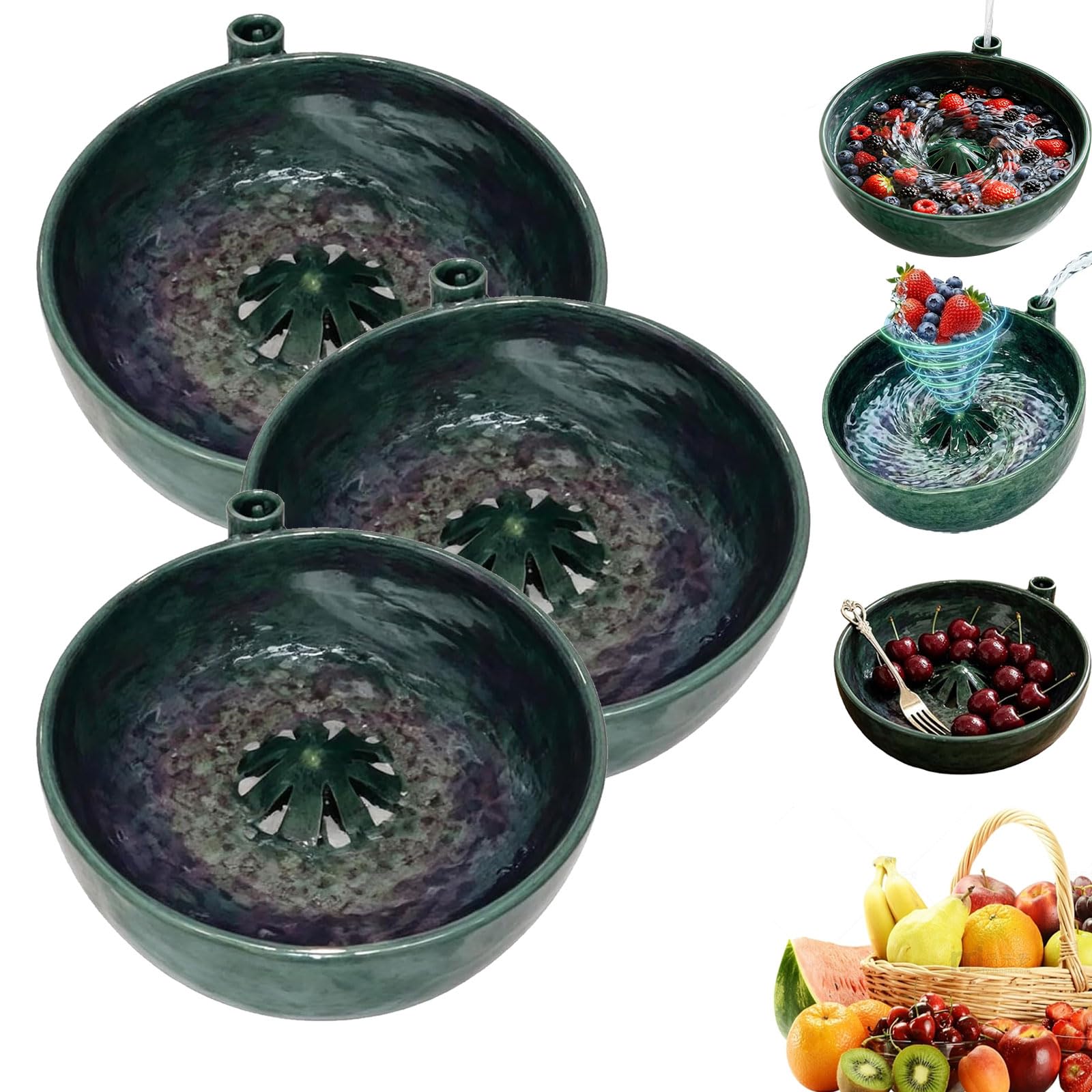 Self Spinning Berry Washing Bowl Ceramic with Drain Holes – 360° Automatic Swirl Fruit & Vegetable Washer, Self Rotating Fruit Basket,Quick Wash Kitchen Tool for Berries Grapes Cherry Tomatoes (3PC)
