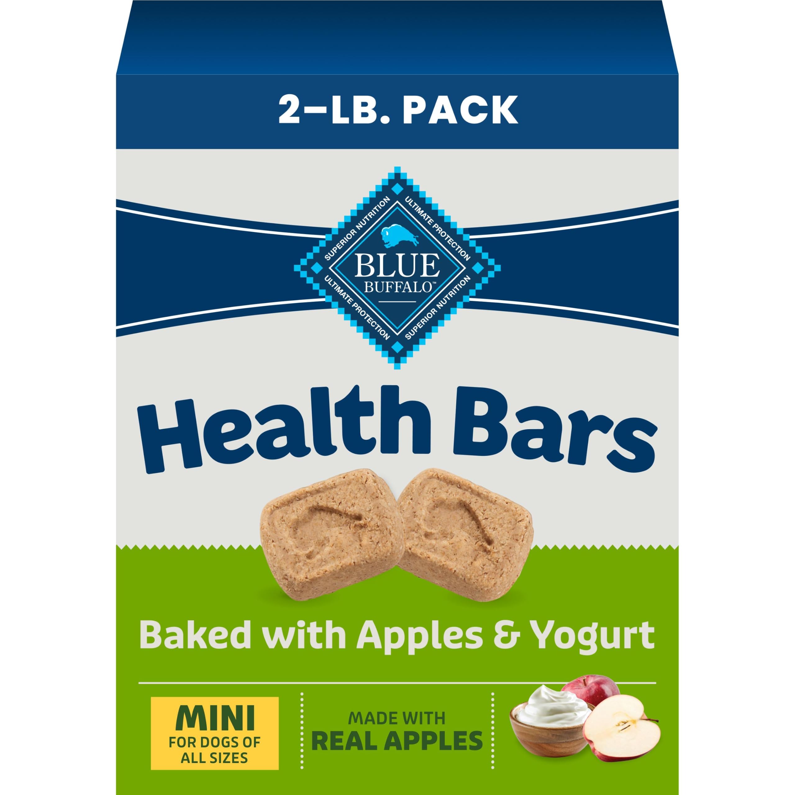Blue Buffalo Mini Health Bars Apples &amp; Yogurt Crunchy Dog Biscuits, Bite-Sized for Training, Oven-Baked with Real Apples &amp; Natural Ingredients, Healthy Dog Treats, Box 2 lbs.