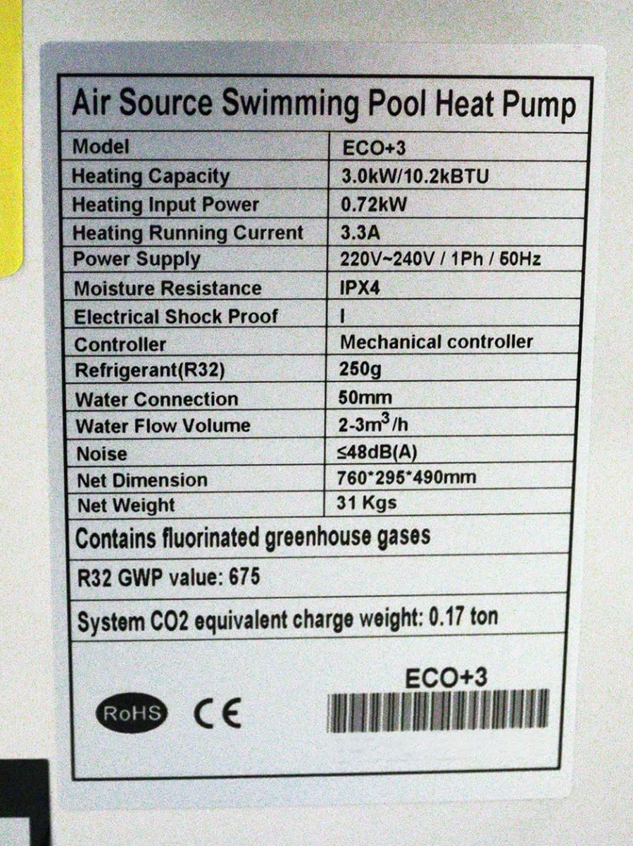 Pompe à Chaleur Piscine eco+3 - Puissance de Chauffage Jusqu’à 3,7 KW - Convient pour piscines Jusqu’à 15 000 litres.